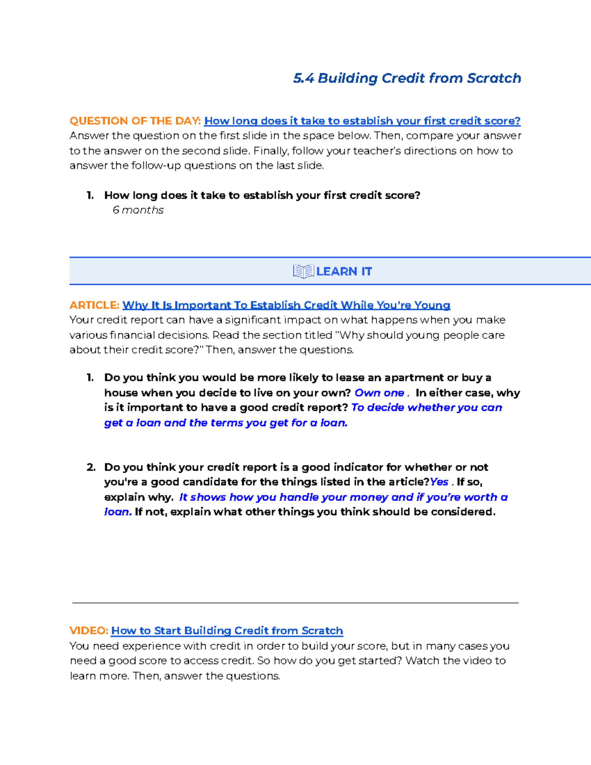 Copy of 5.4 student packet 5 Building Credit from Scratch QUESTION OF