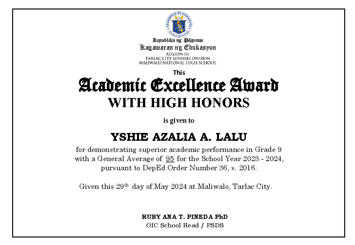 Academic CERT 2024 Grade 9 - Kagawaran ng Edukasyon This Academic ...