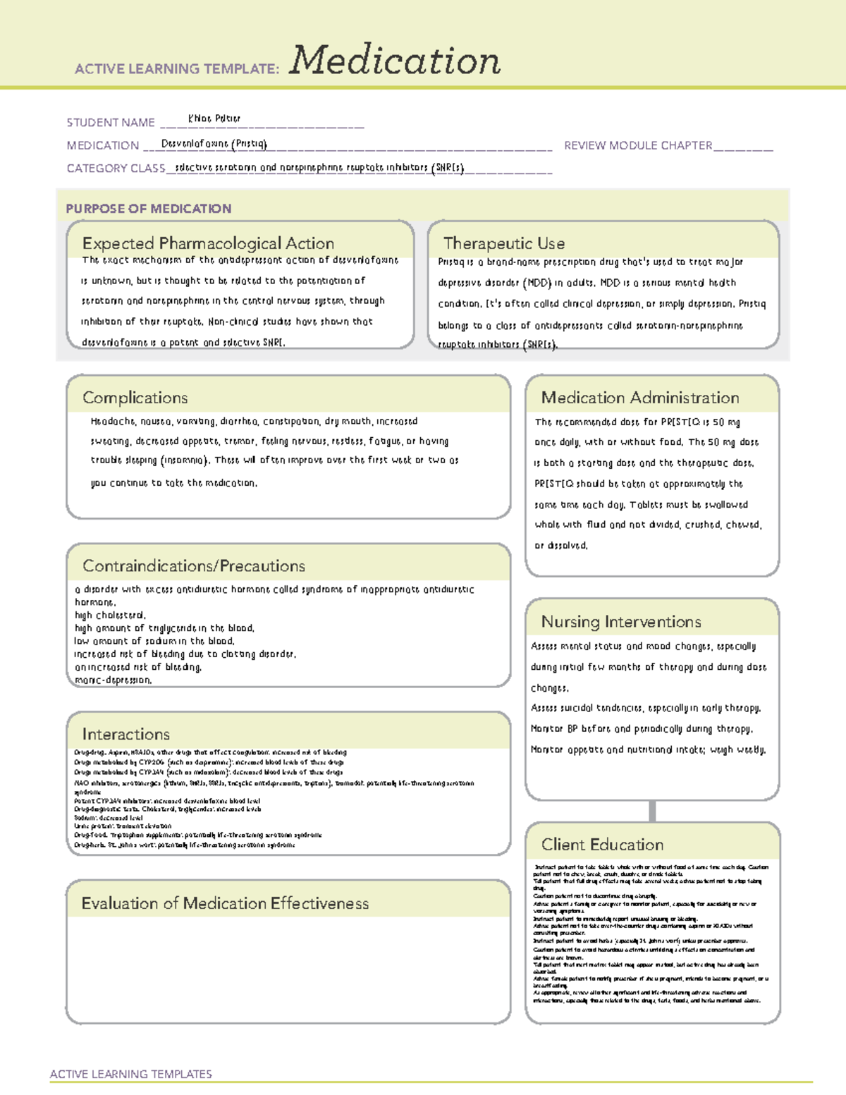Desvenlafaxine ACTIVE LEARNING TEMPLATES Medication STUDENT NAME Studocu