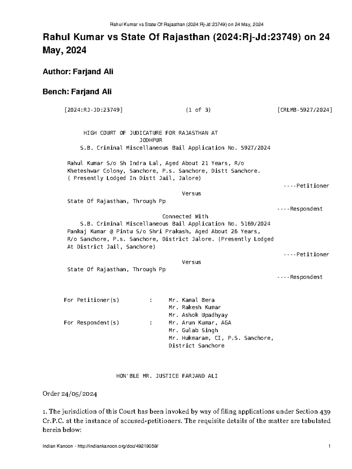 Rahul Kumar vs State Of Rajasthan 2024 Rj Jd 23749 on 24 May 2024 ...