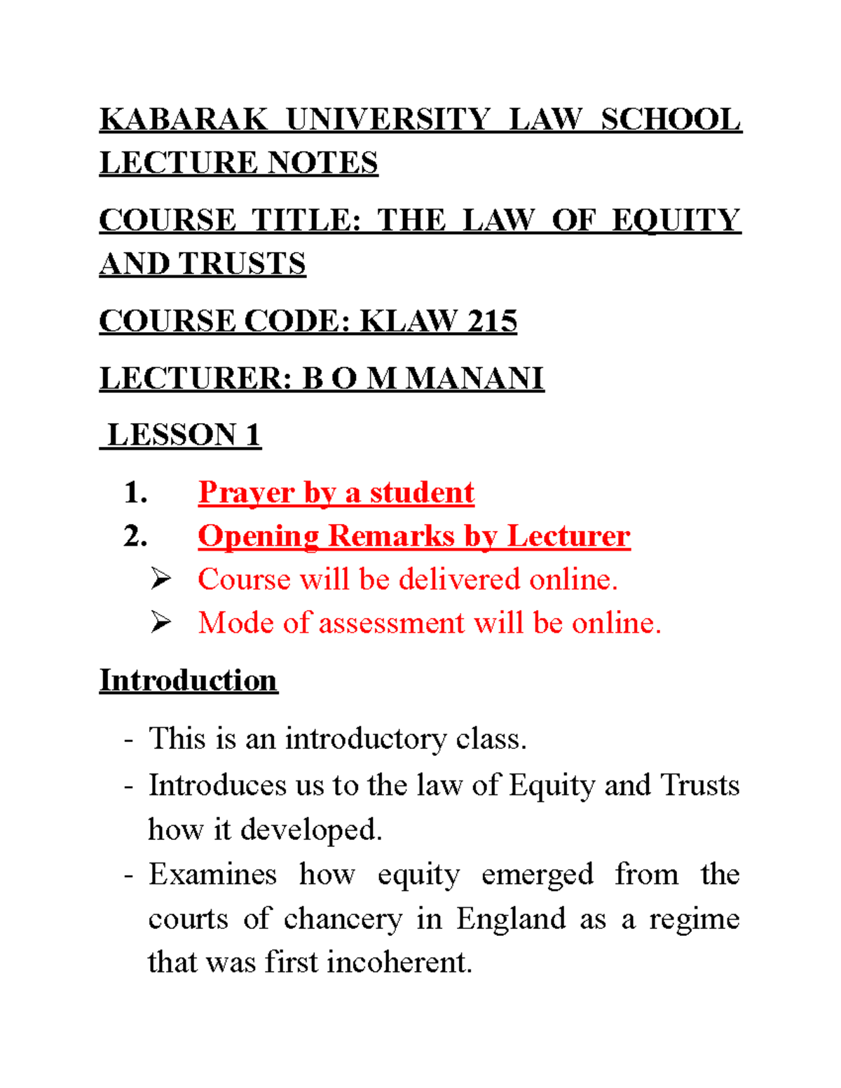 Lesson 1 Lecture Notes - a great introduction to the unit equity and ...