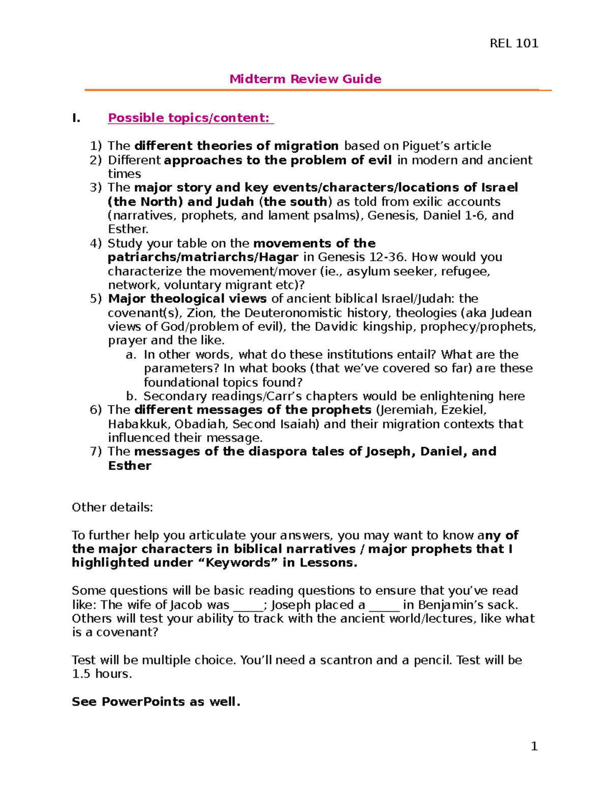 REL 101 Midterm Guide Sheet Fall 2021 - REL 101 Midterm Review Guide I ...