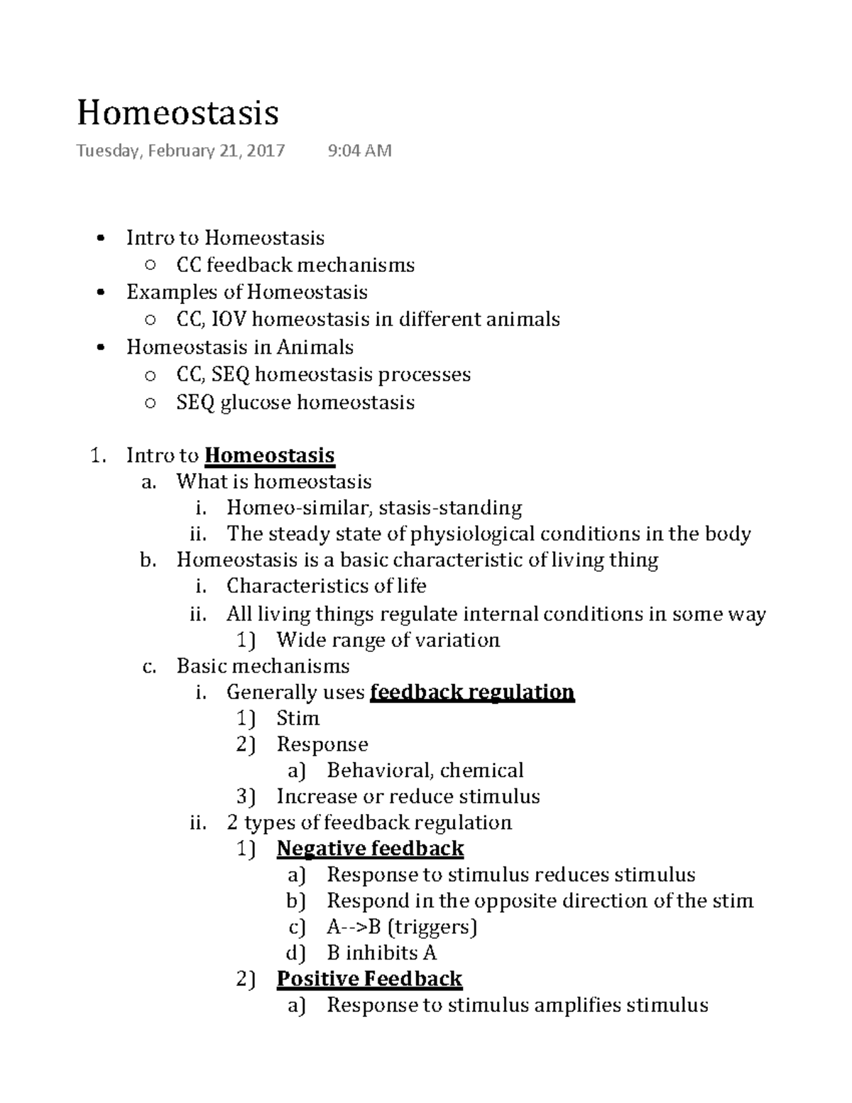 Homeostasis - Lecture Notes 10 - Homeostasis Tuesday, February 21, 2017 ...