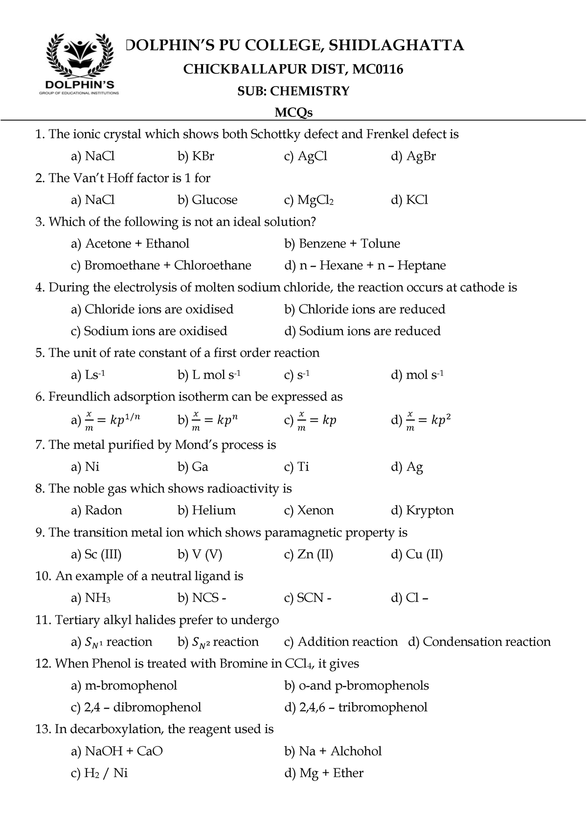 Chemistry MCQs - DOLPHIN’S PU COLLEGE, SHIDLAGHATTA CHICKBALLAPUR DIST ...