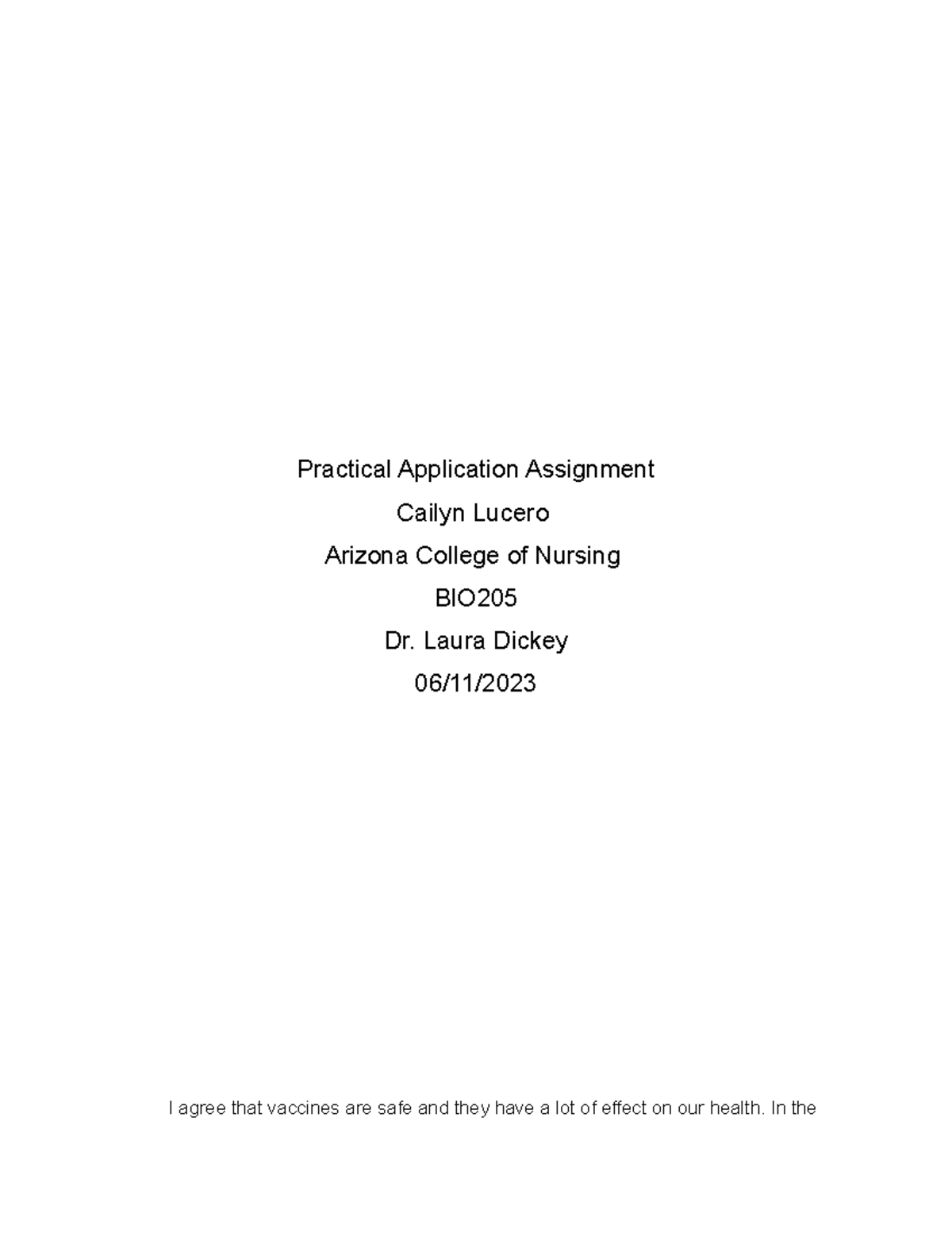 Practical Application Assignment - BIO 205 - Arizona College - Studocu