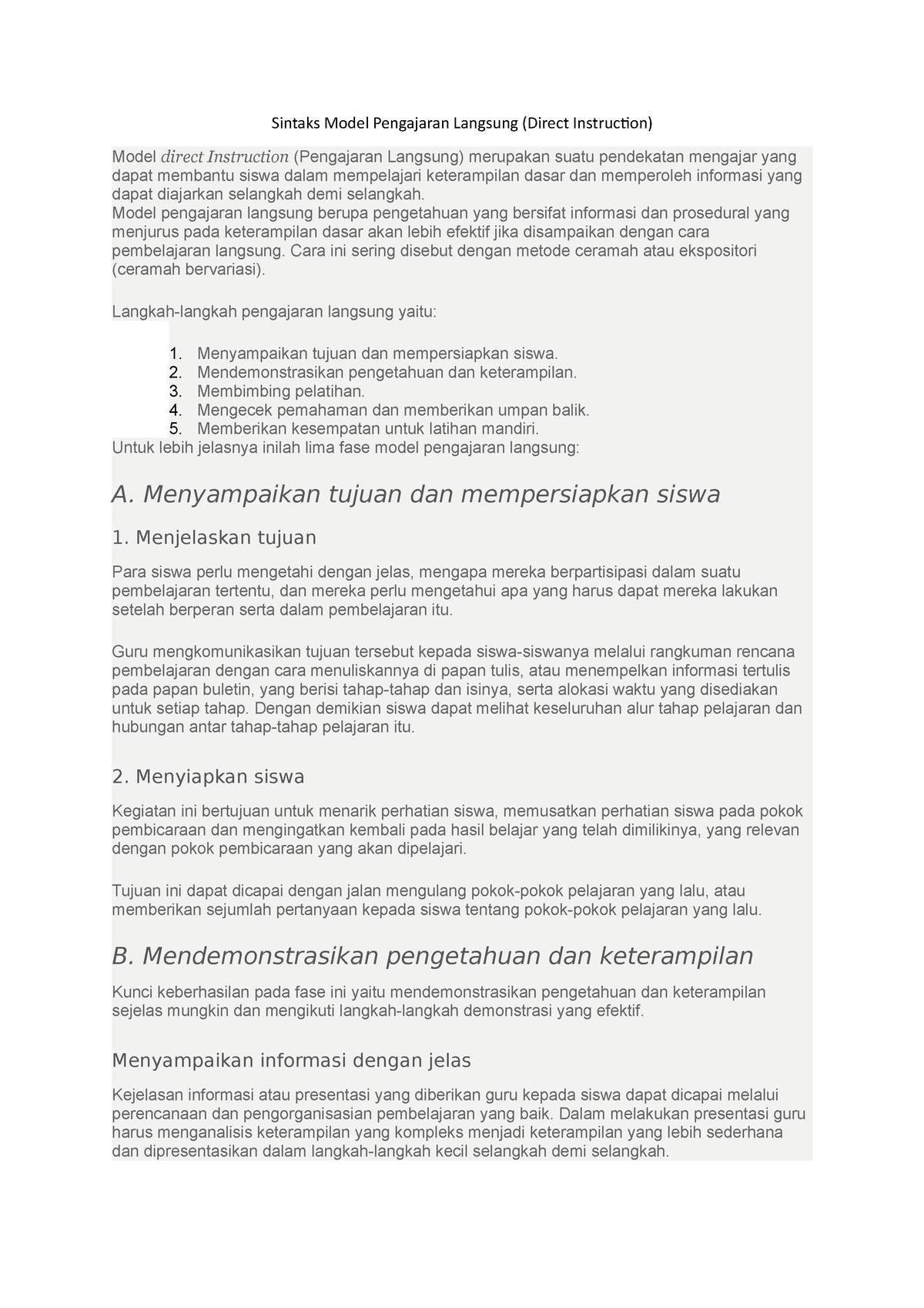 Sintaks Model Pengajaran Langsung (direct Learning) - Sintaks Model ...