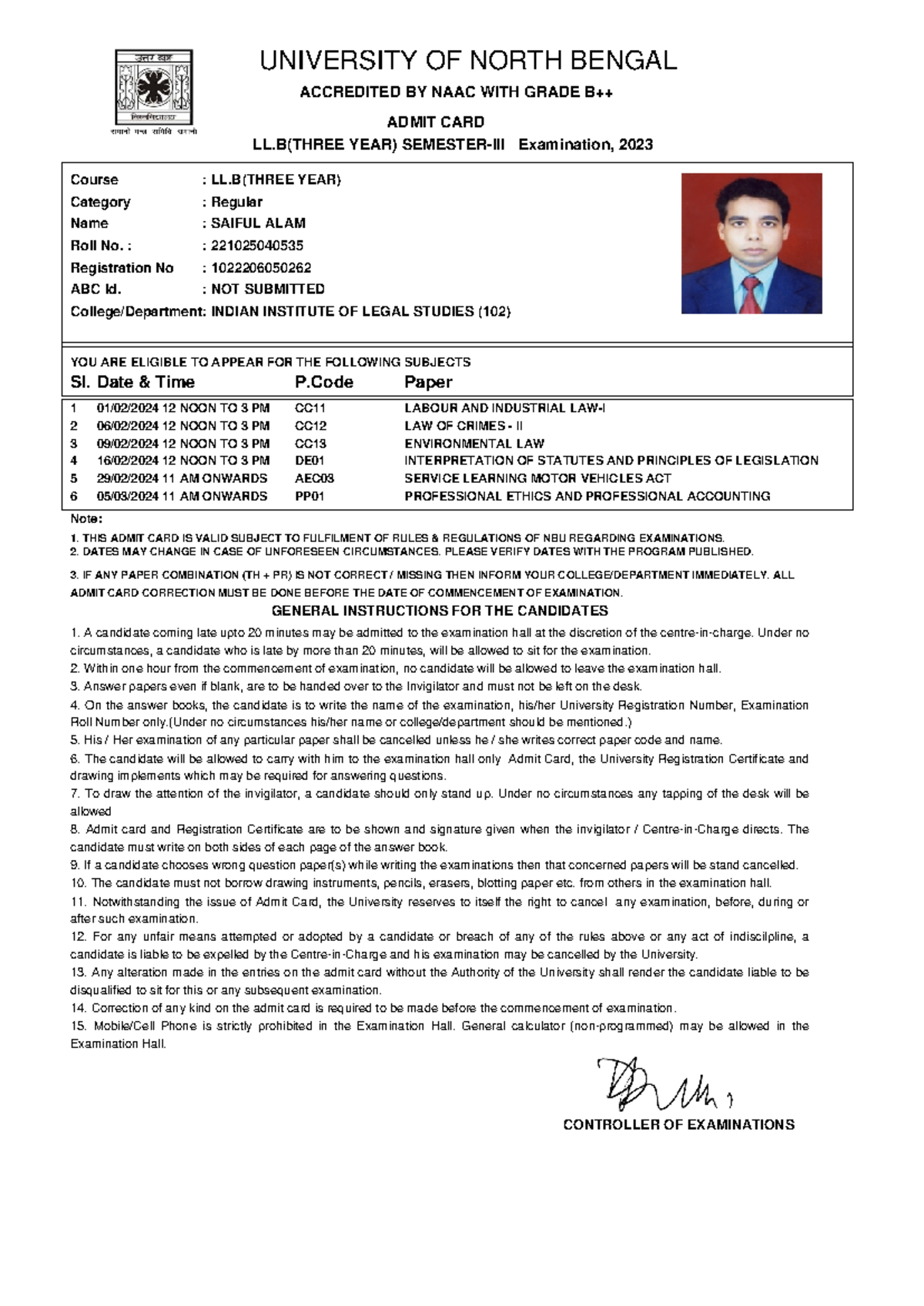 3rd sem admit - NOTES - UNIVERSITY OF NORTH BENGAL ACCREDITED BY NAAC ...