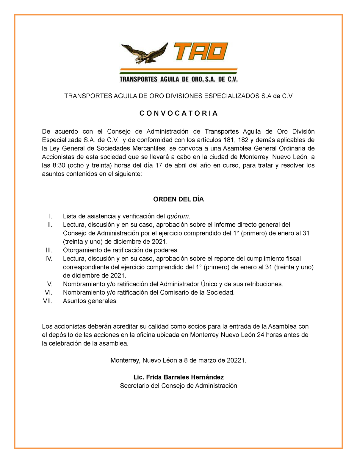 Convocatoria - TRANSPORTES AGUILA DE ORO DIVISIONES ESPECIALIZADOS S de C C  O N V O C A T O R I A De - Studocu