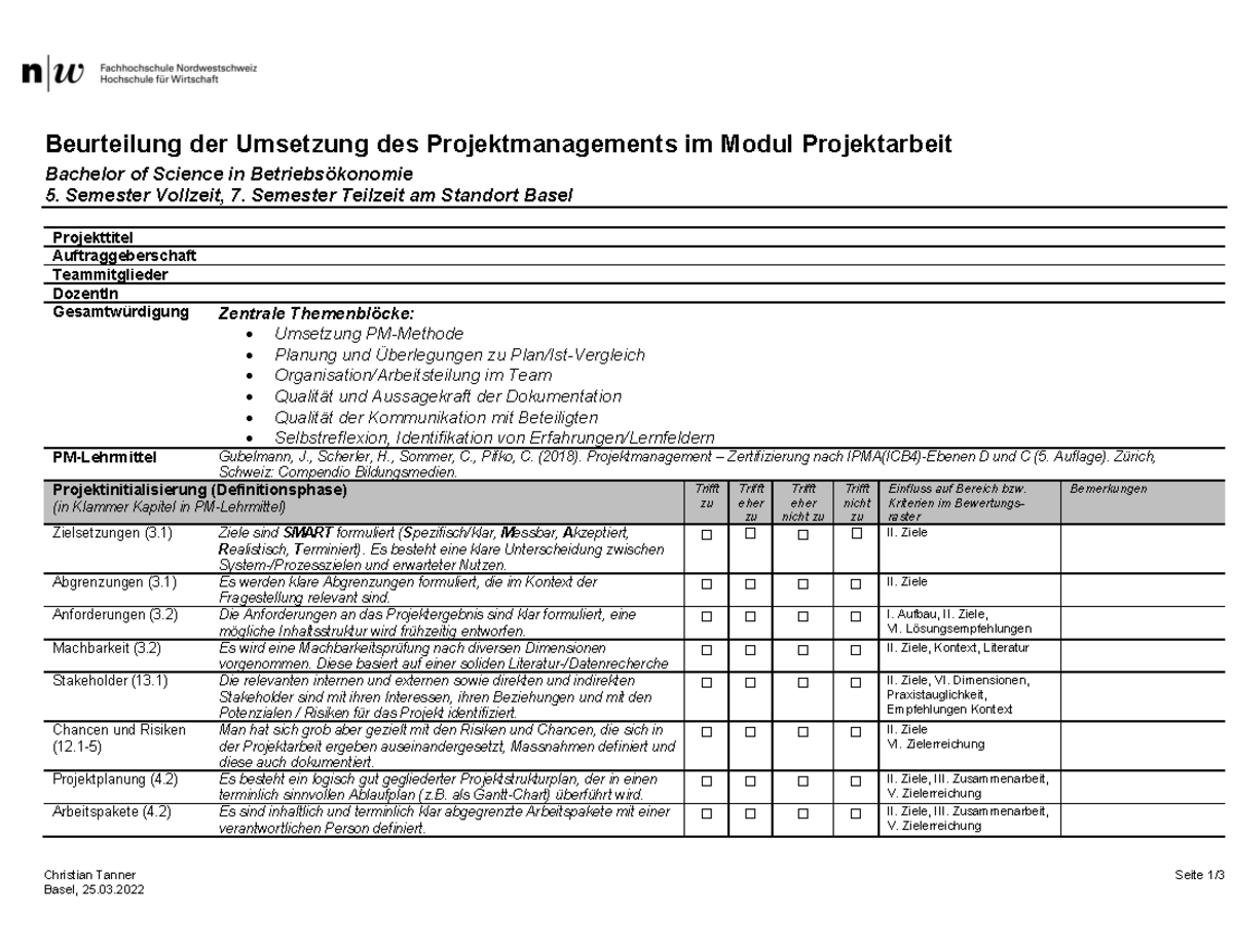 2022 Beurteilung PM-Umsetzung In Projektarbeit Checkliste - Christian ...