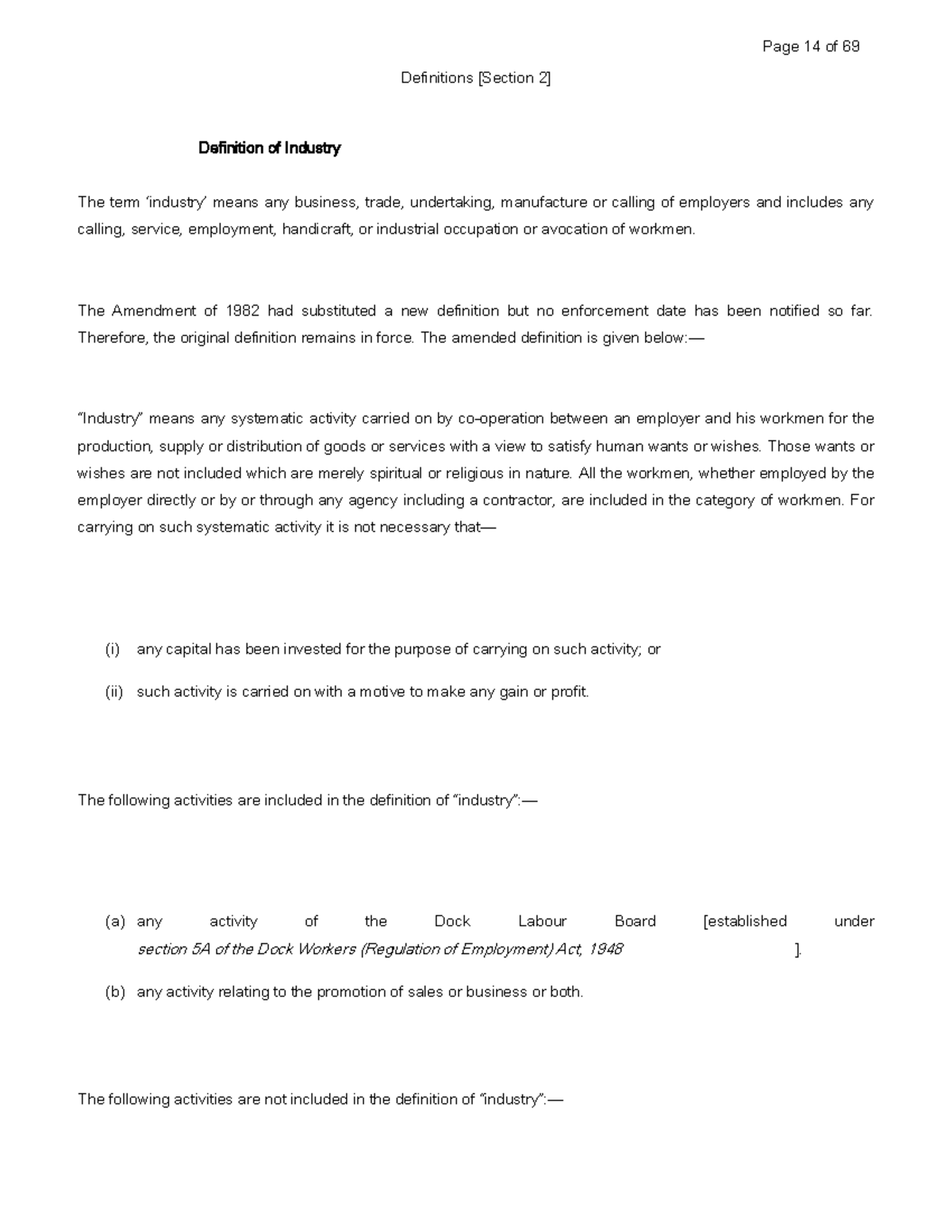 Industry definition & bangalore Water Supply case Definitions [Section 2] Definition of