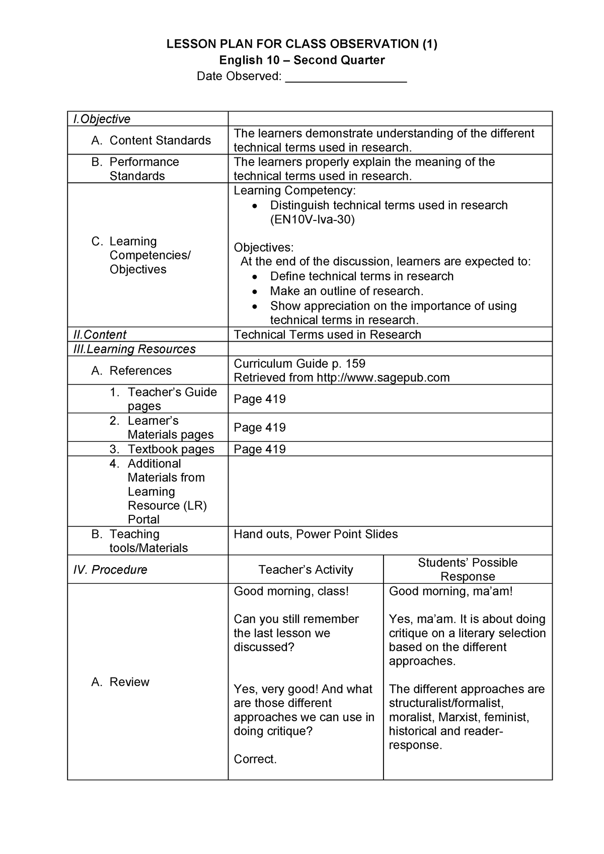 definition of terms in research lesson plan