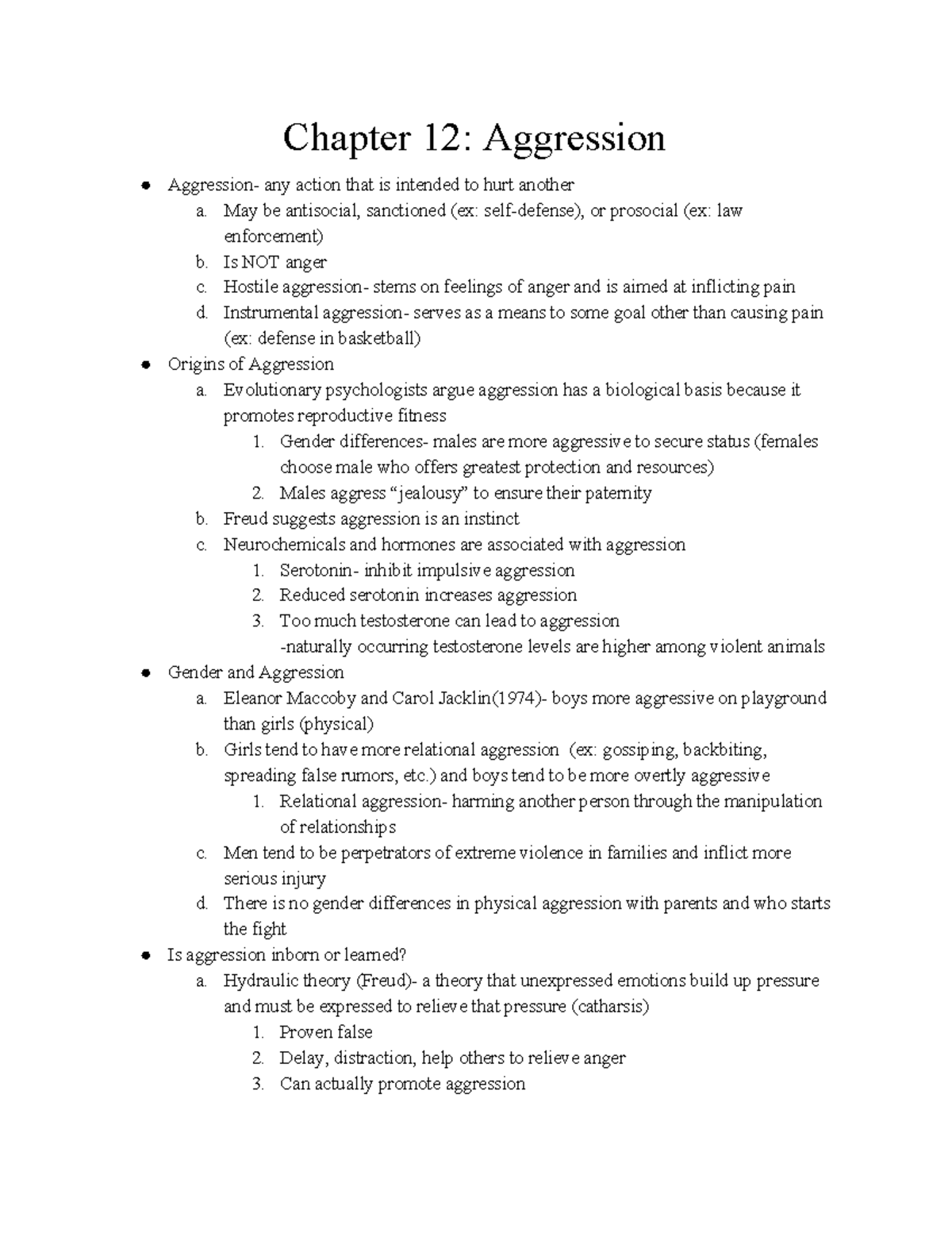 Chapter 12 Aggression - Lecture Notes 8 - Chapter 12: Aggression ...