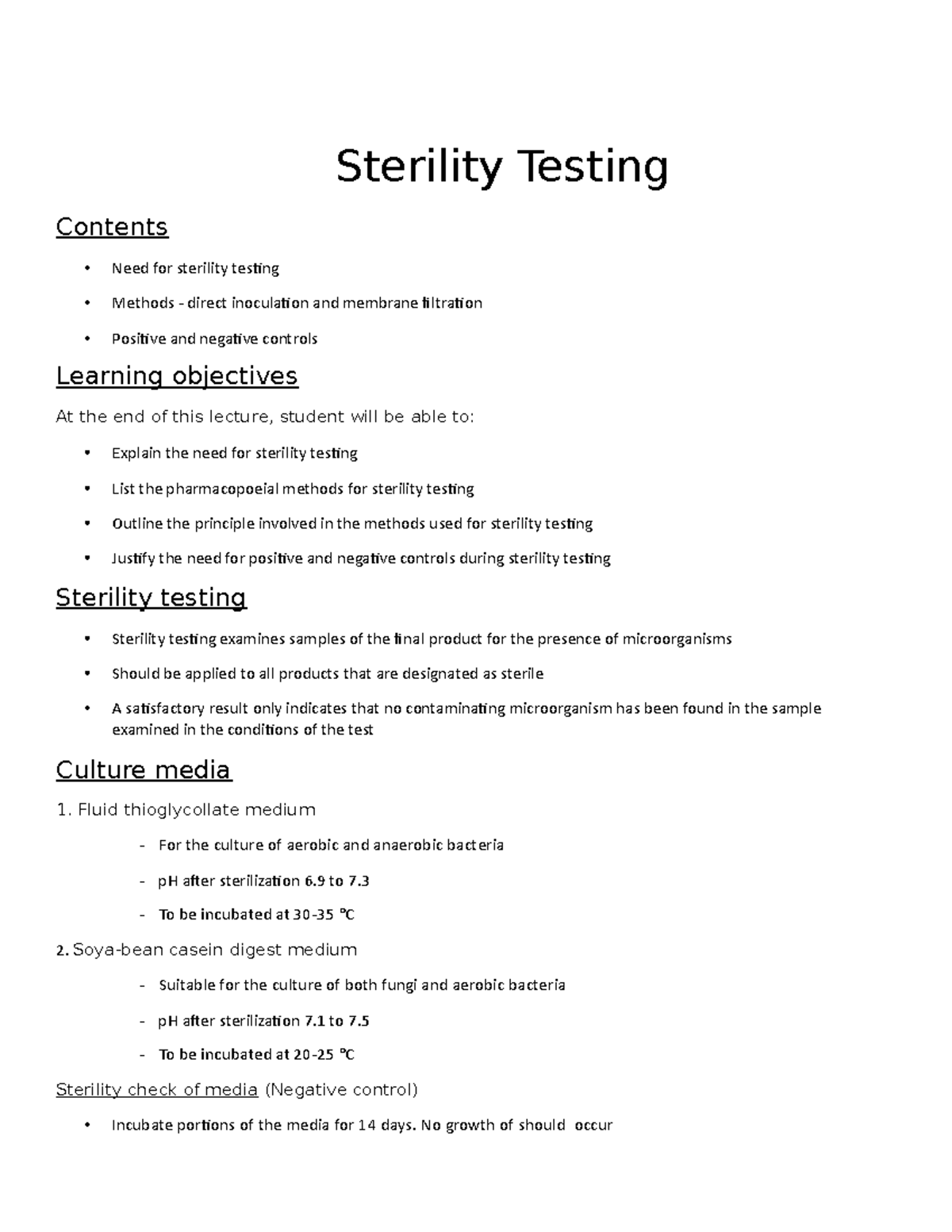 Chapter 26 Sterility Testing Sterility Testing Contents • Need for