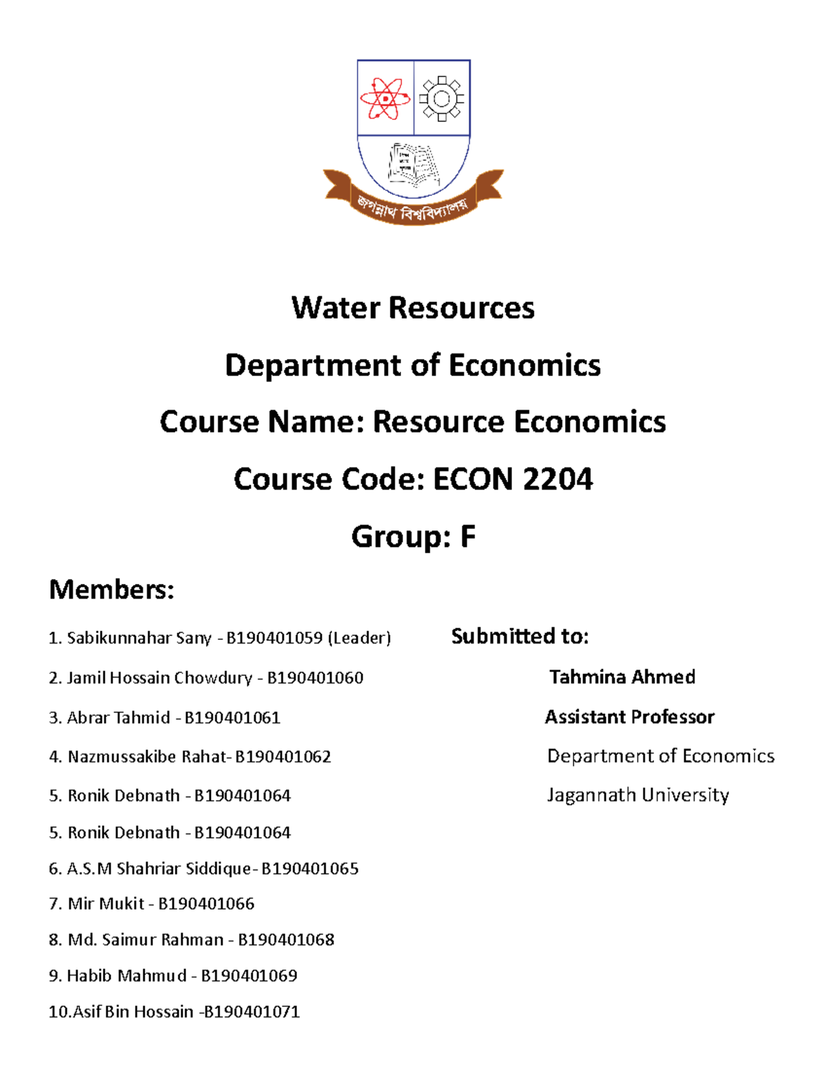Water resources, group F Water Resources Department of Economics