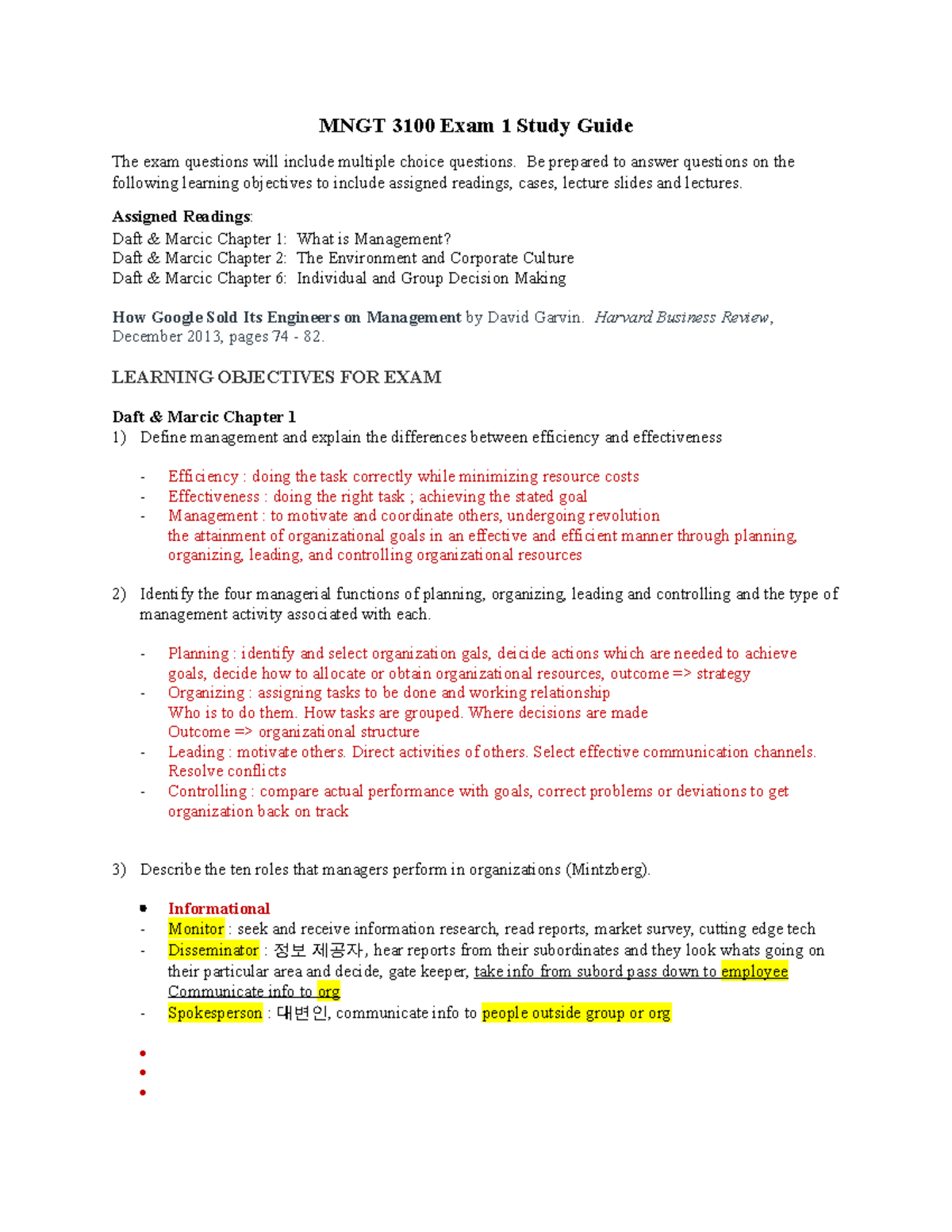 MNGT 3100 Exam 1 Study Guide - MNGT 3100 Exam 1 Study Guide The Exam ...