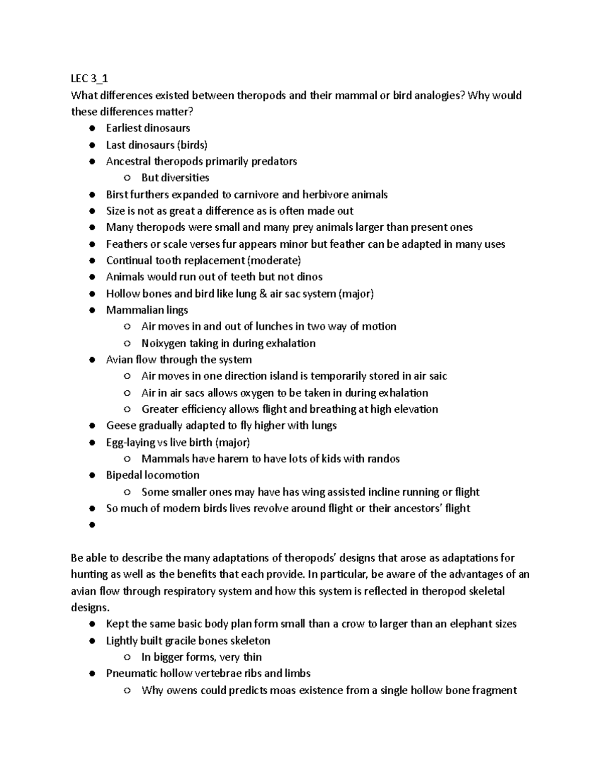 Lecture 3 Notes - LEC 3_ What differences existed between theropods and ...