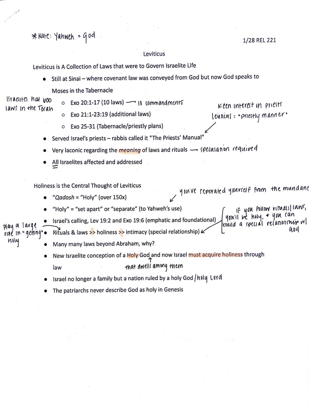 Leviticus Lecture Notes - 1/28 REL 221 Leviticus Leviticus Is A ...