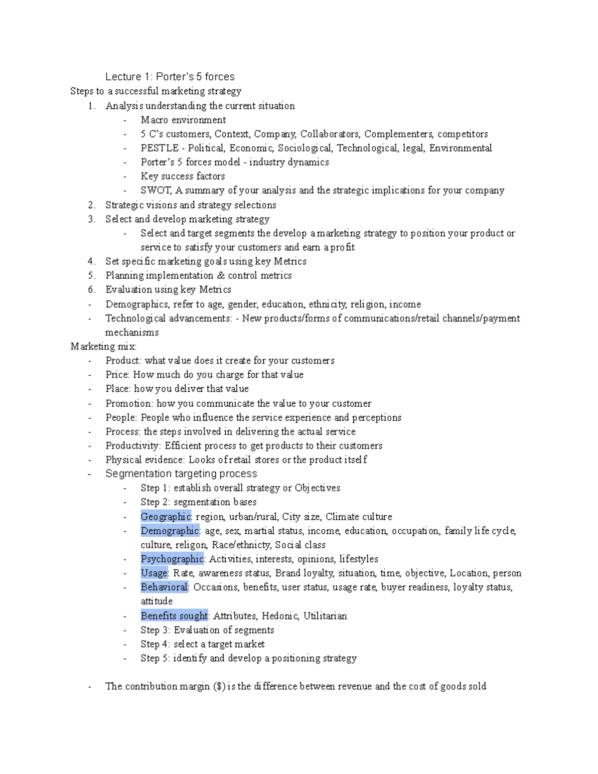 MKT 300 Midterm Cheat Sheet - Lecture 1: Porter’s 5 Forces Steps To A ...