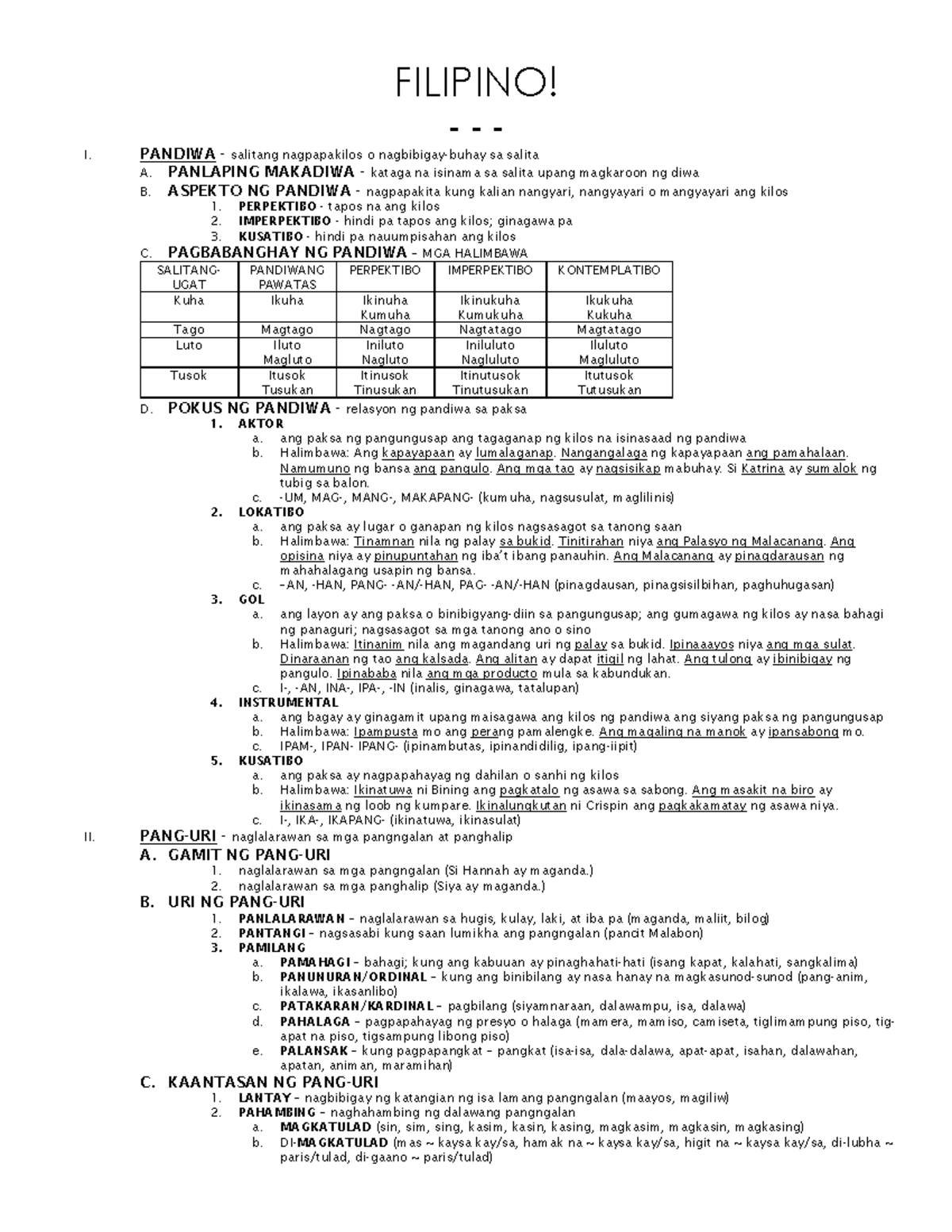 Filipino - FIL NOTES - FILIPINO! - I. PANDIWA - Salitang Nagpapakilos O ...