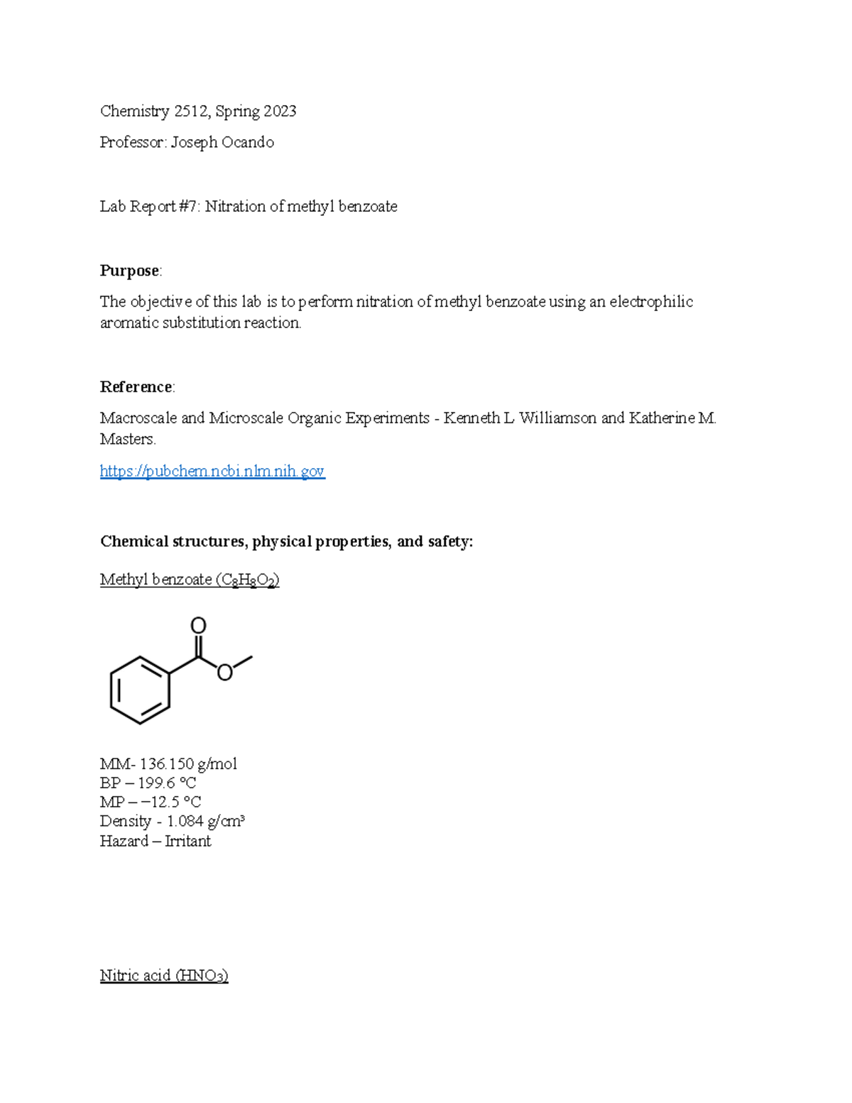 Organic Chemistry 2 Lab report 7 - Chemistry 2512, Spring 2023 ...