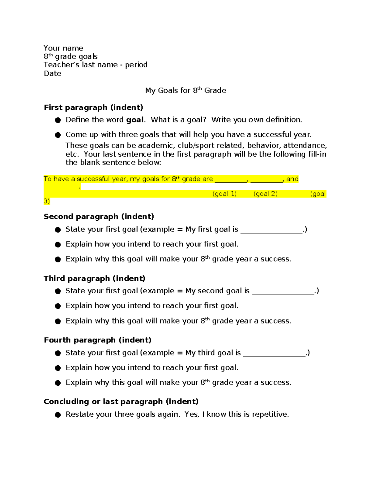 Goals for 8th grade year narrative essay organizer - Your name 8 th ...