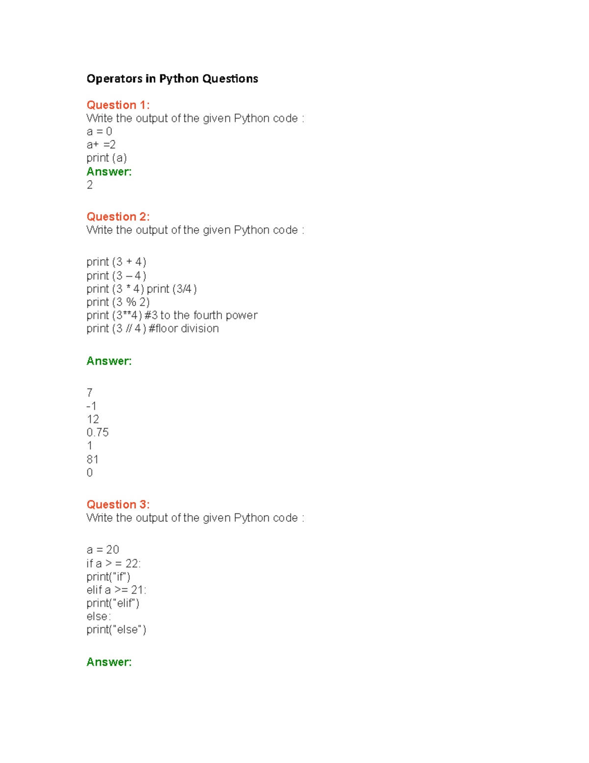 Operators In Python Questions Operators In Python Questions Question 