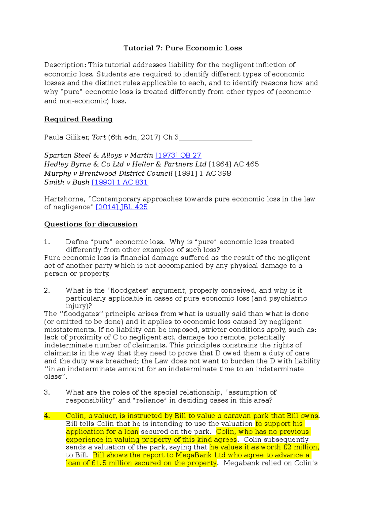 Tutorial 7 Tutorial 7 Pure Economic Loss Description This Tutorial Addresses Liability For The Studocu