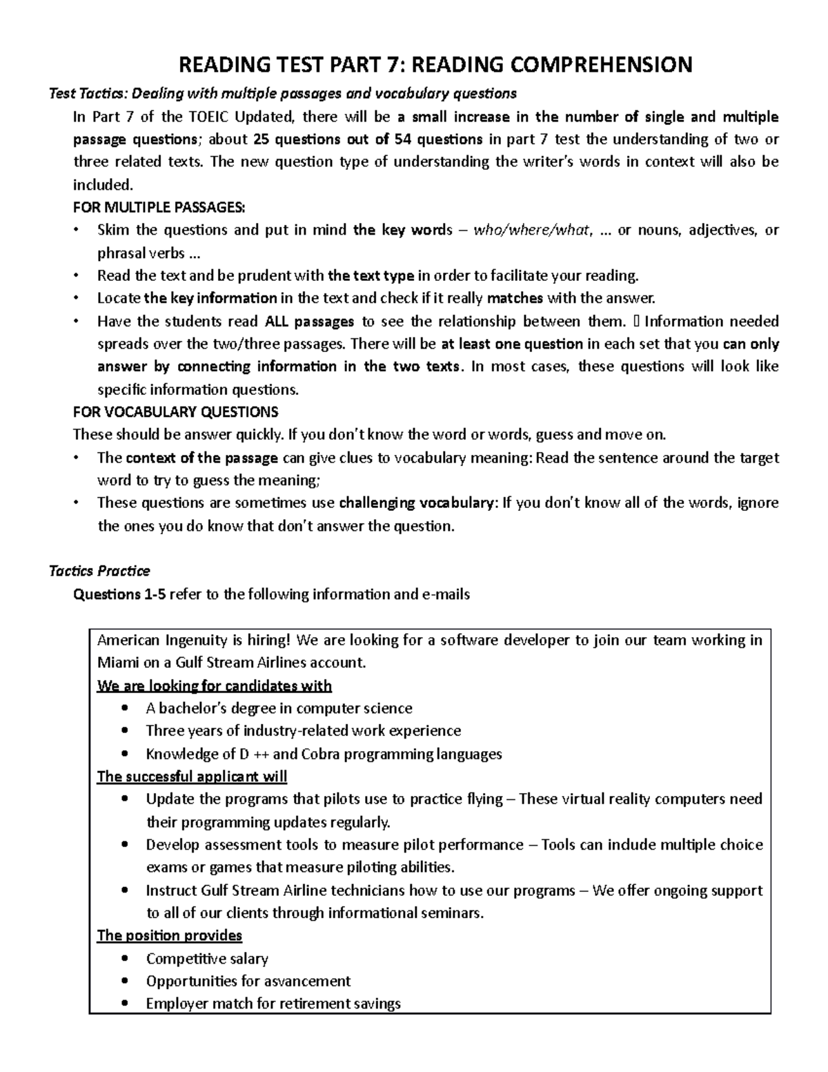 Part 7 - fnfdnfnfd - READING TEST PART 7: READING COMPREHENSION Test ...