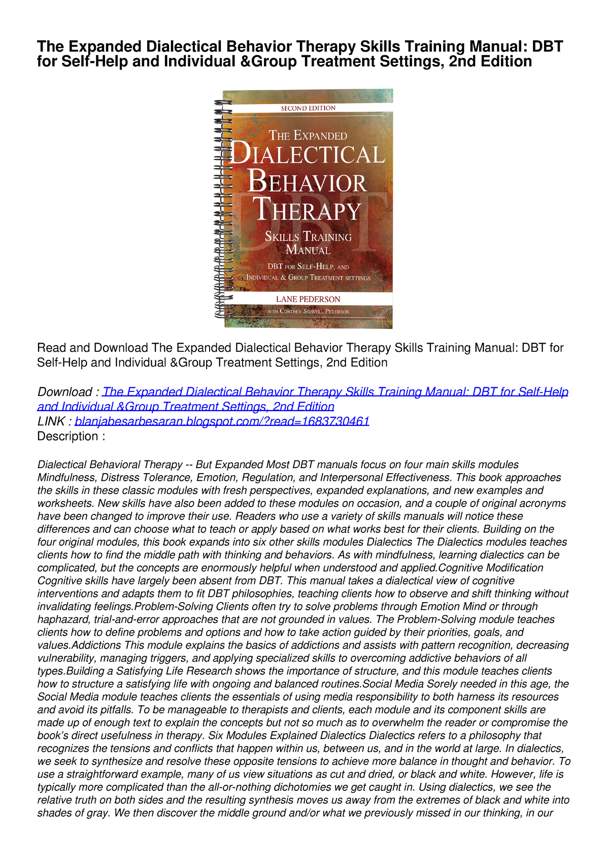 Pdf Book Download The Expanded Dialectical Behavior Therapy Skills Training Manu The Expanded