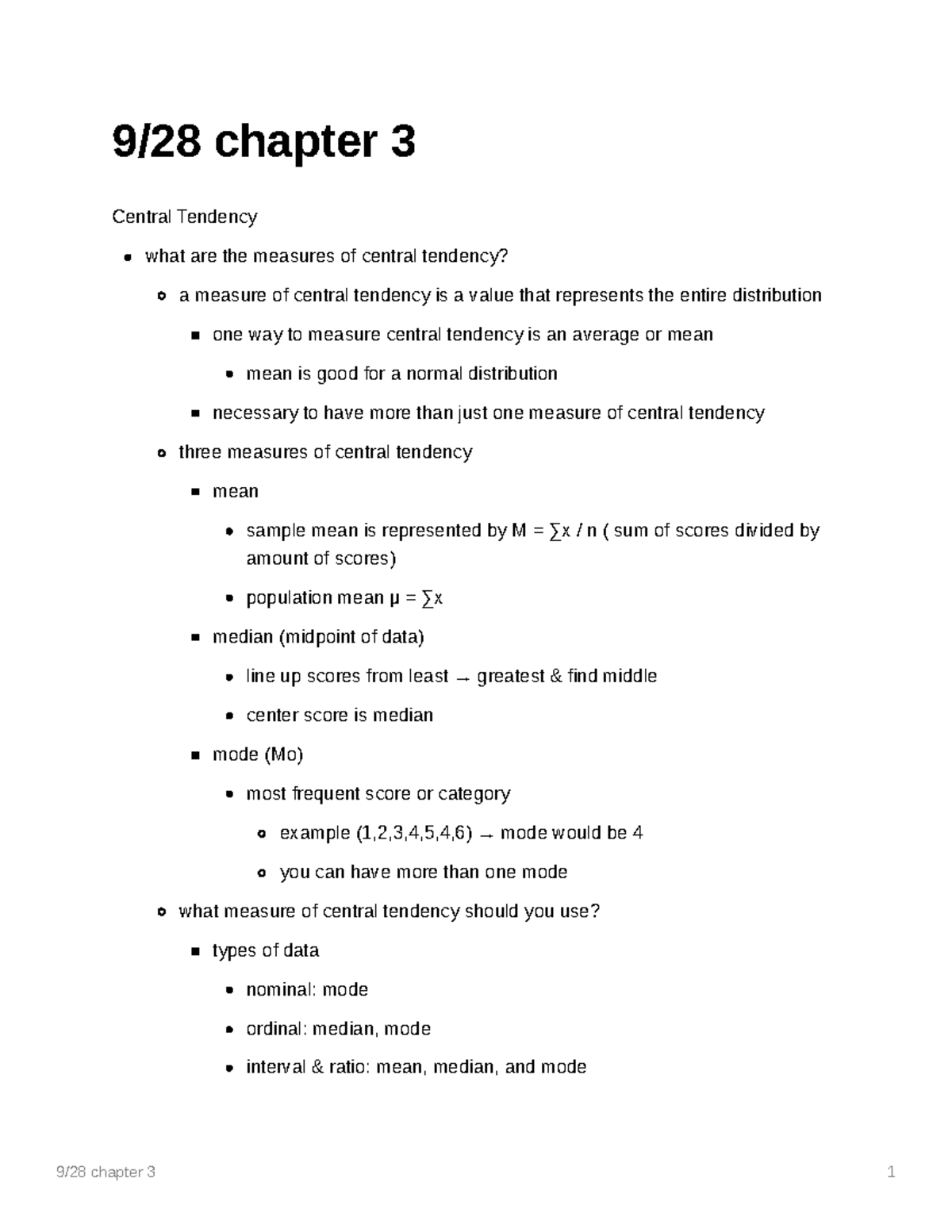 9/28 Chapter 3 Notes - 9/28 Chapter 3 1 9/28 Chapter 3 Central Tendency ...