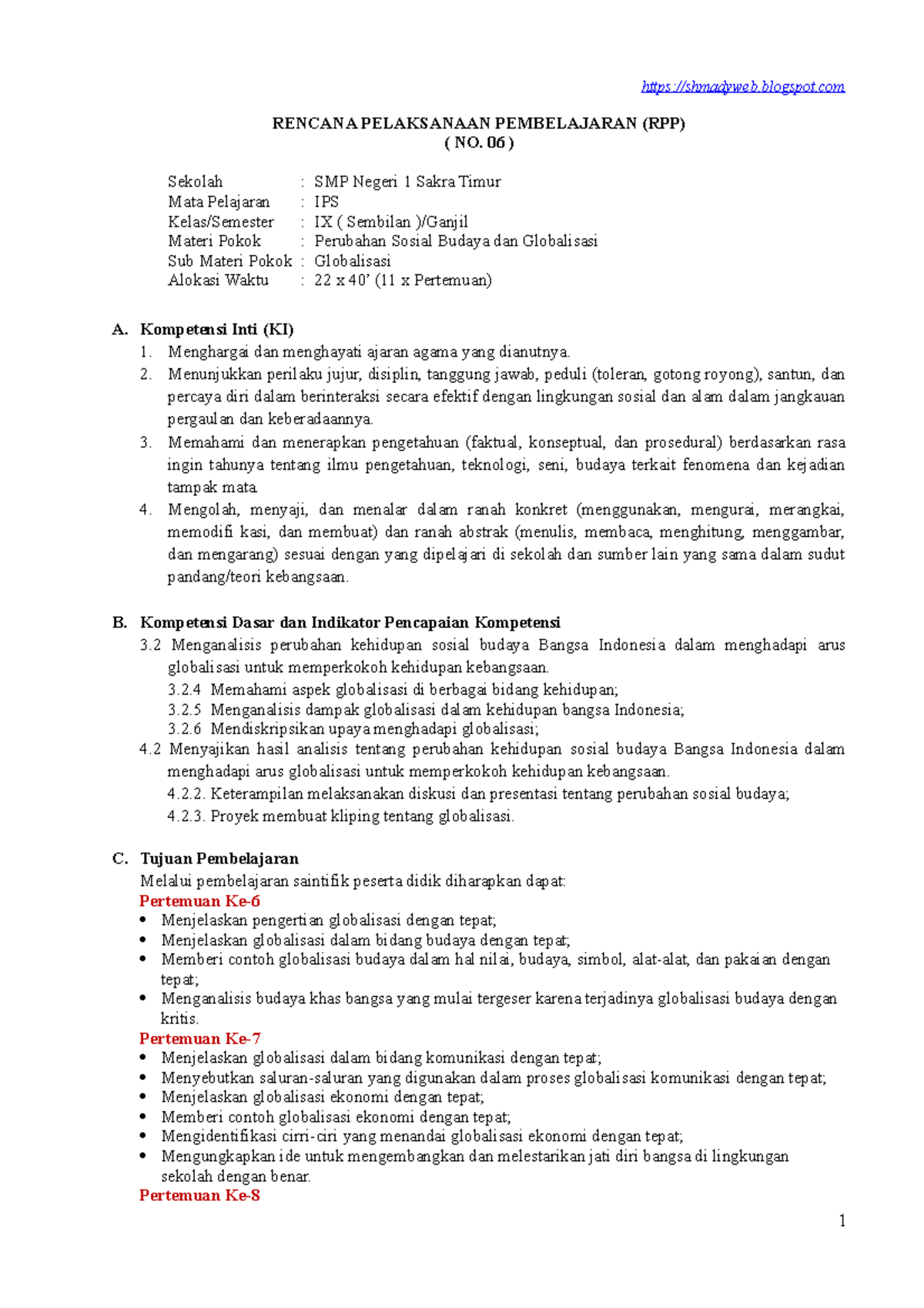 RPP No.006 K-13 IPS-IX; Globalisasi - RENCANA PELAKSANAAN PEMBELAJARAN ...