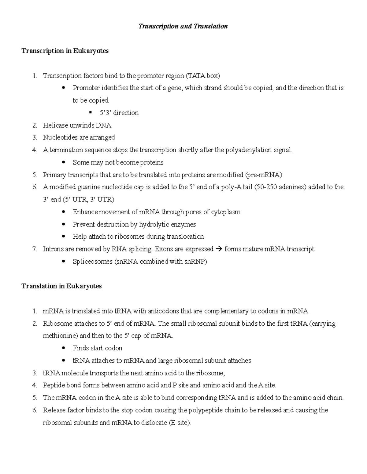 Steps for Transcription and Translation - Transcription and Translation ...