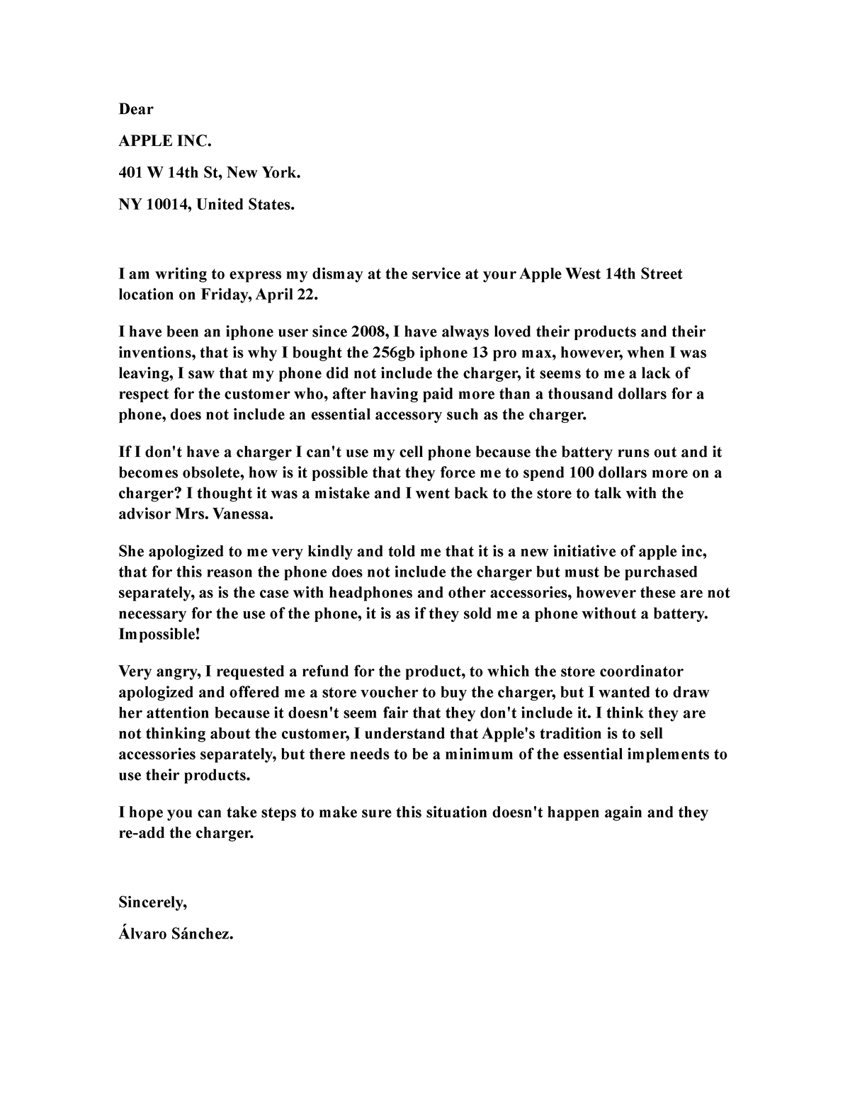 Complaint Letter - Trabajo formativa - Dear APPLE INC. 401 W 14th St ...