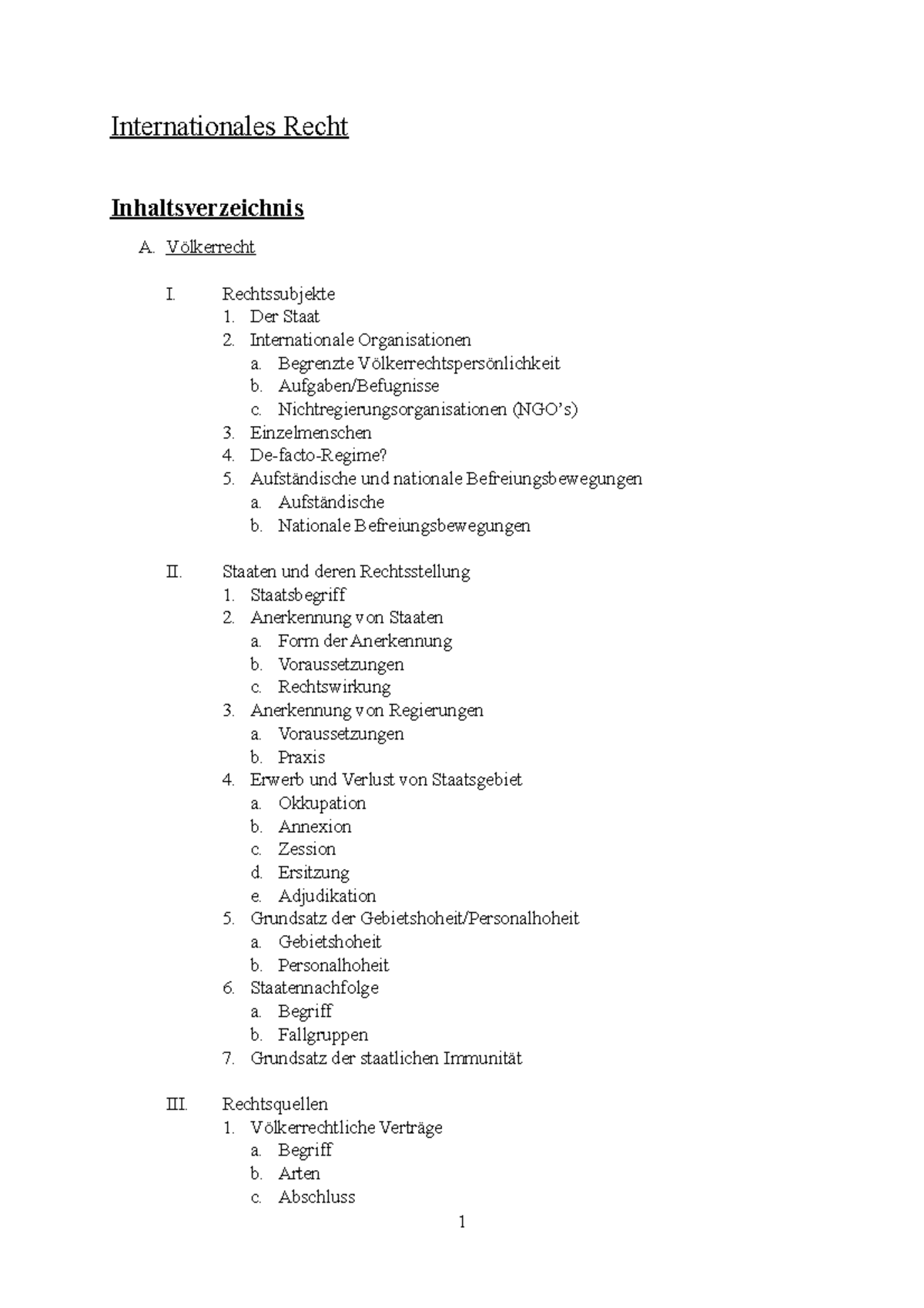 Internationales Recht Lernzettel Alles Internationales Recht Inhaltsverzeichnis A