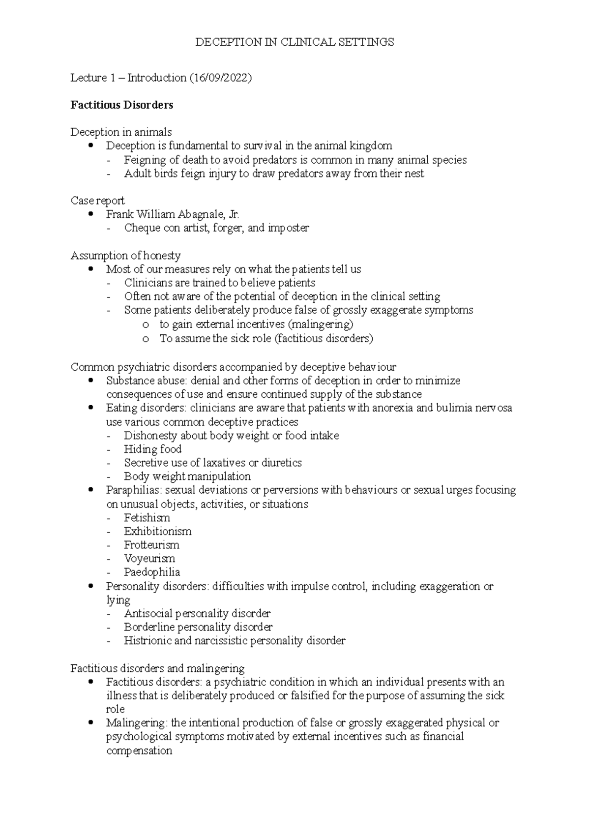 Deception in Clinical Settings - Lecture 1 – Introduction (16/09/2022 ...