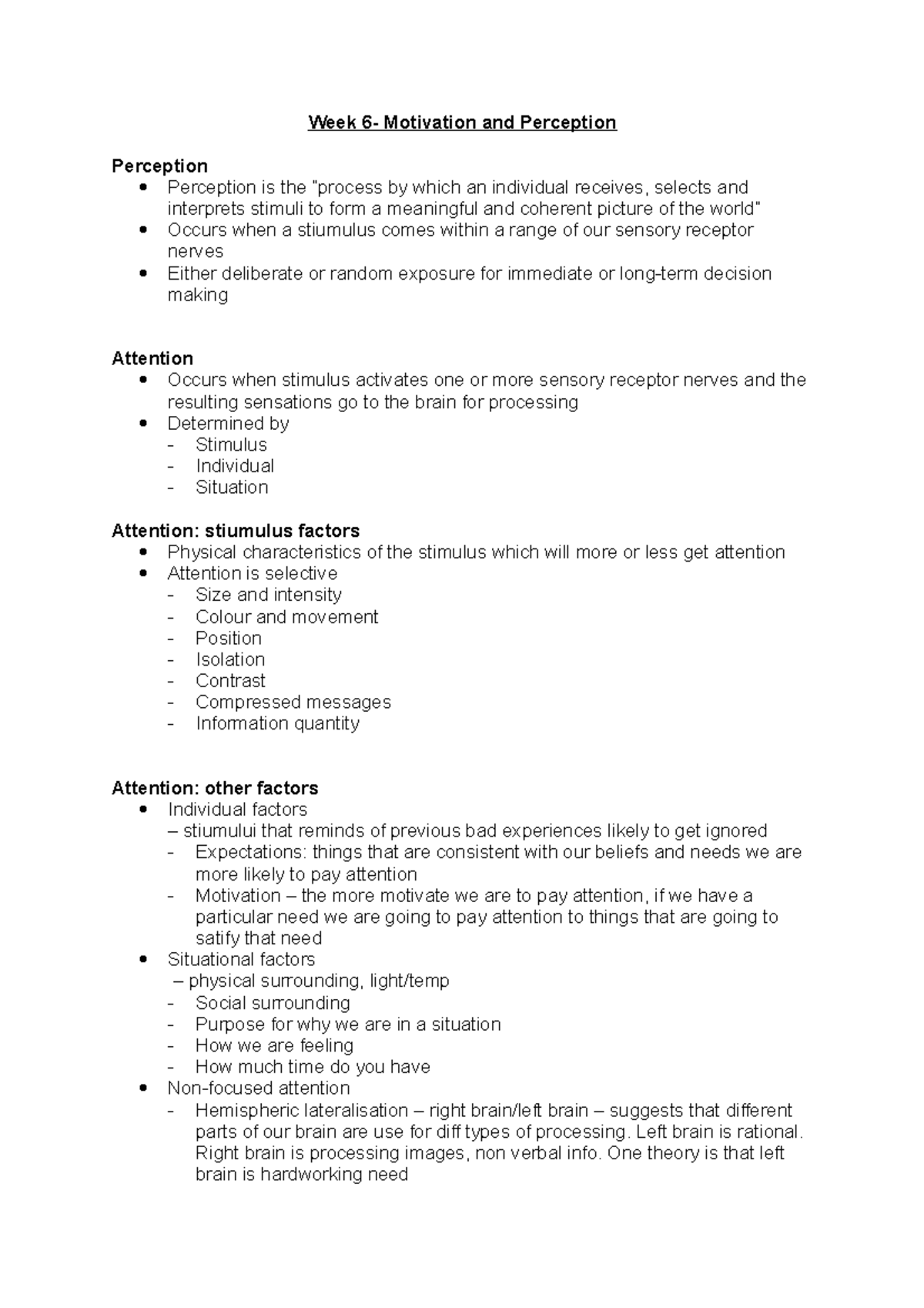 Quiz 3 notes - Week 6- Motivation and Perception Perception Perception ...