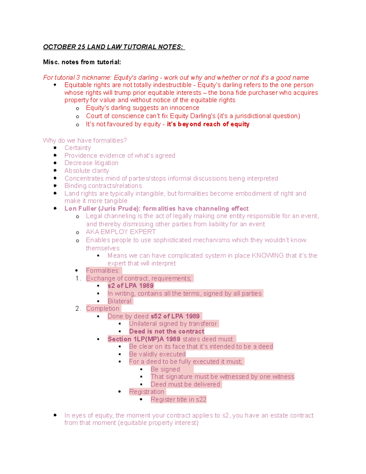 Oct 25 Tutorial 3 Notes Formalities - OCTOBER 25 LAND LAW TUTORIAL ...