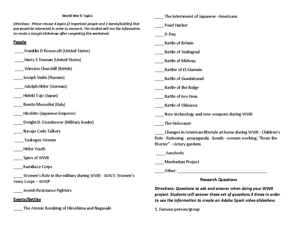 WW 2 Research Worksheet - World War II Topics Directions: Please choose ...