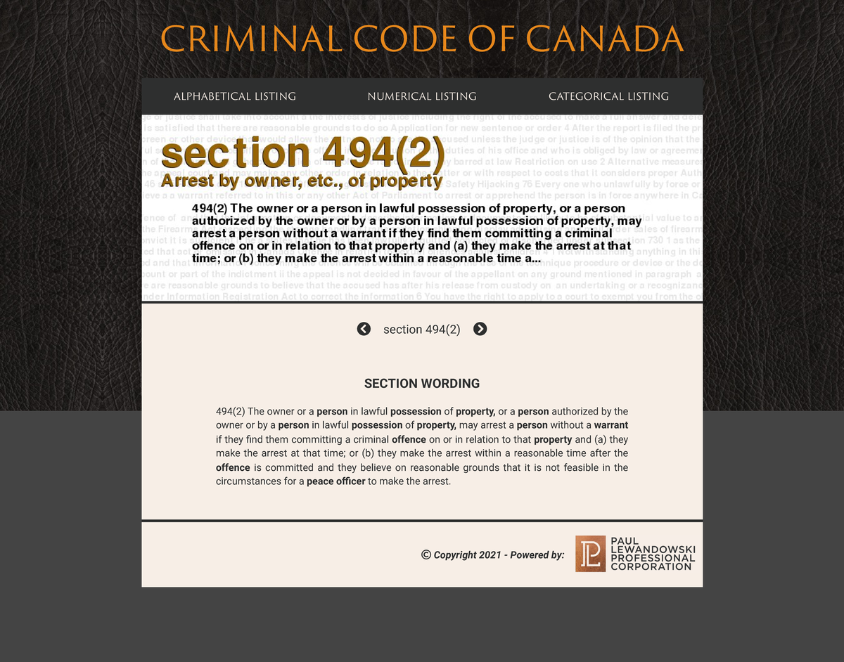 Criminal Code Of Canada - Section 494(2) - Arrest By Owner, Etc., Of ...