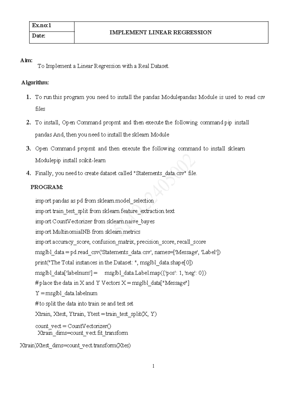Machine learning Engineering Record - Ex: IMPLEMENT LINEAR REGRESSION ...