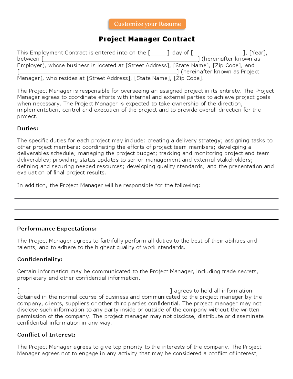 Project Manager Contract Project Manager Contract This Employment 