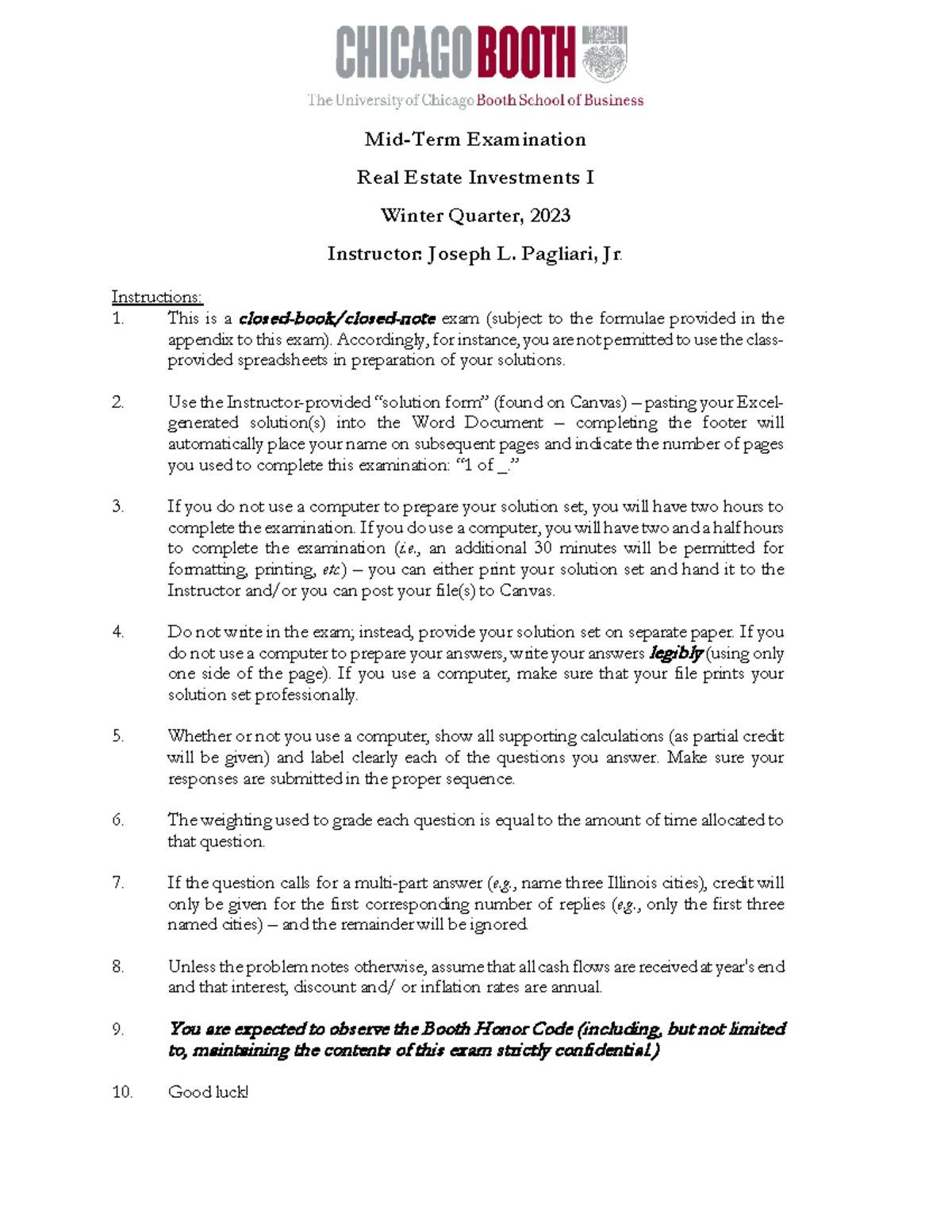 Midterm 33450 23 MidTerm Examination Real Estate Investments I