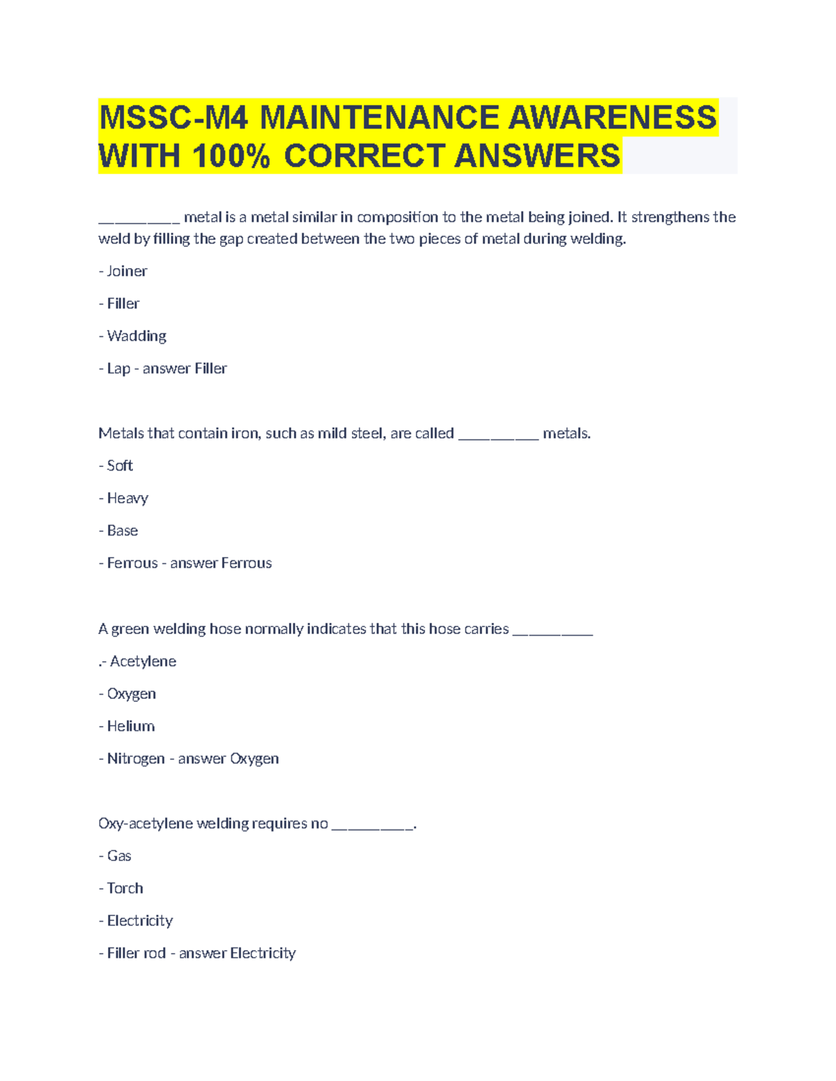 MSSCM4 Maintenance Awareness WITH 100 Correct Answers MSSCM4 MAINTENANCE AWARENESS WITH 100