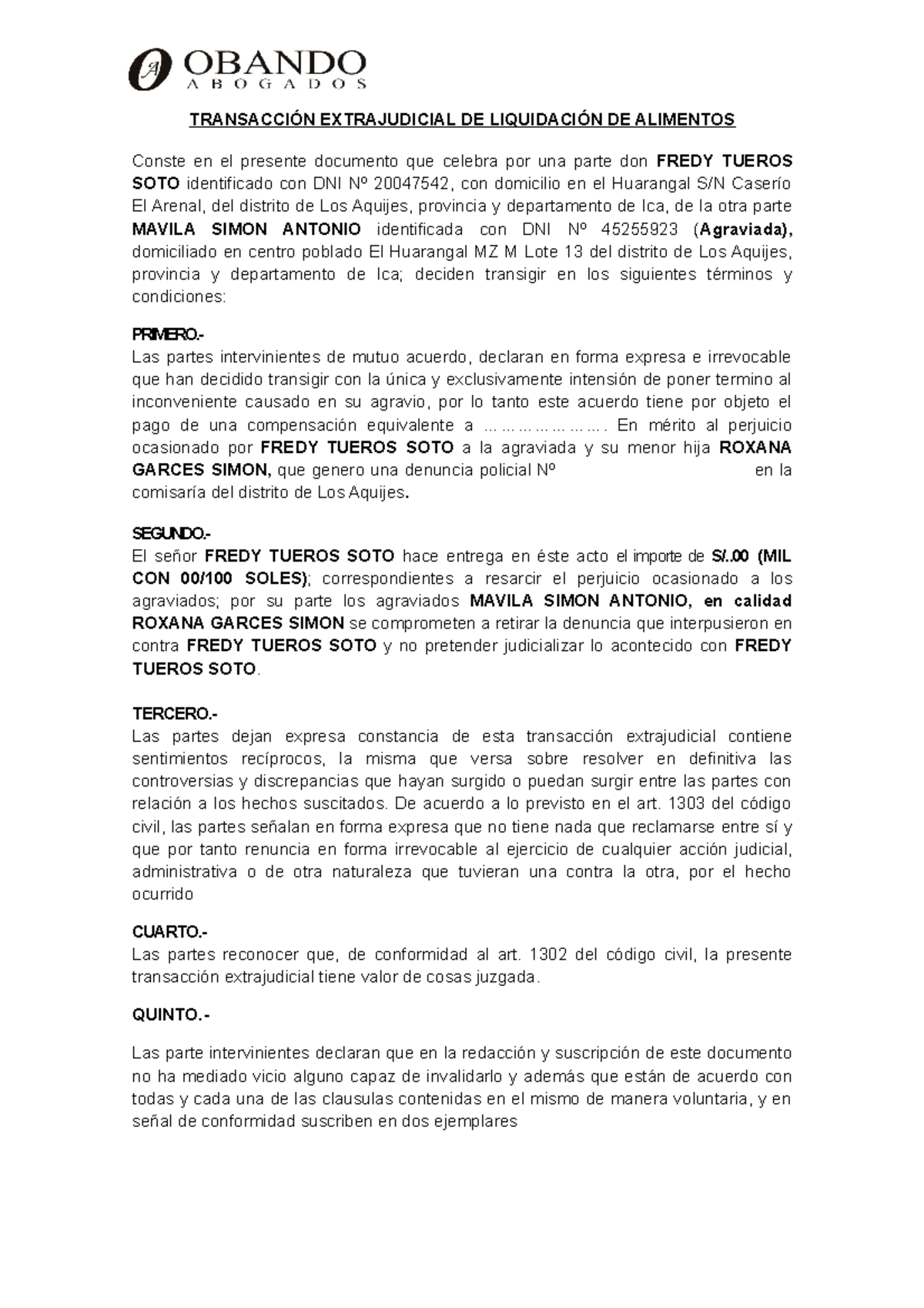 Transaccion Extrajudicial Fredy Tueros - TRANSACCIÓN EXTRAJUDICIAL DE  LIQUIDACIÓN DE ALIMENTOS - Studocu