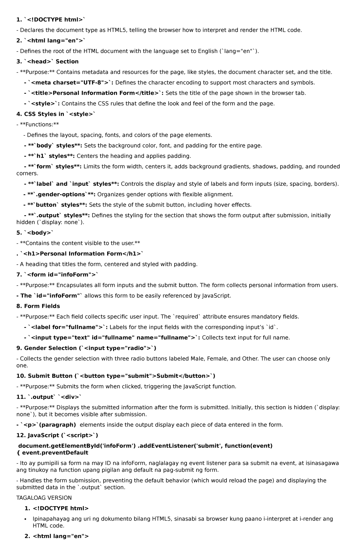 Code Explanation - N/A - 1. - Declares the document type as HTML5 ...