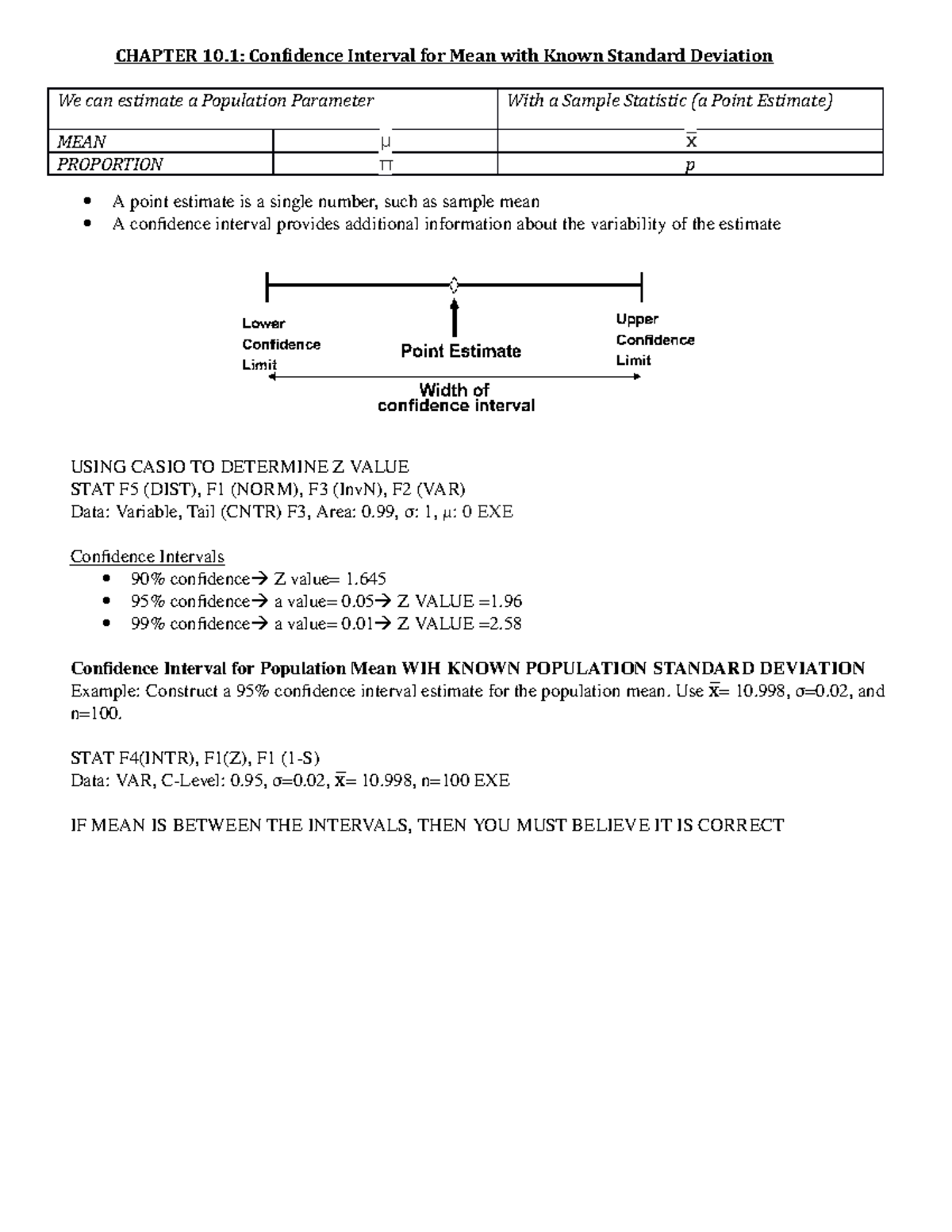Qms 202 - CHAPTER 10: Confidence Interval for Mean with Known Standard ...