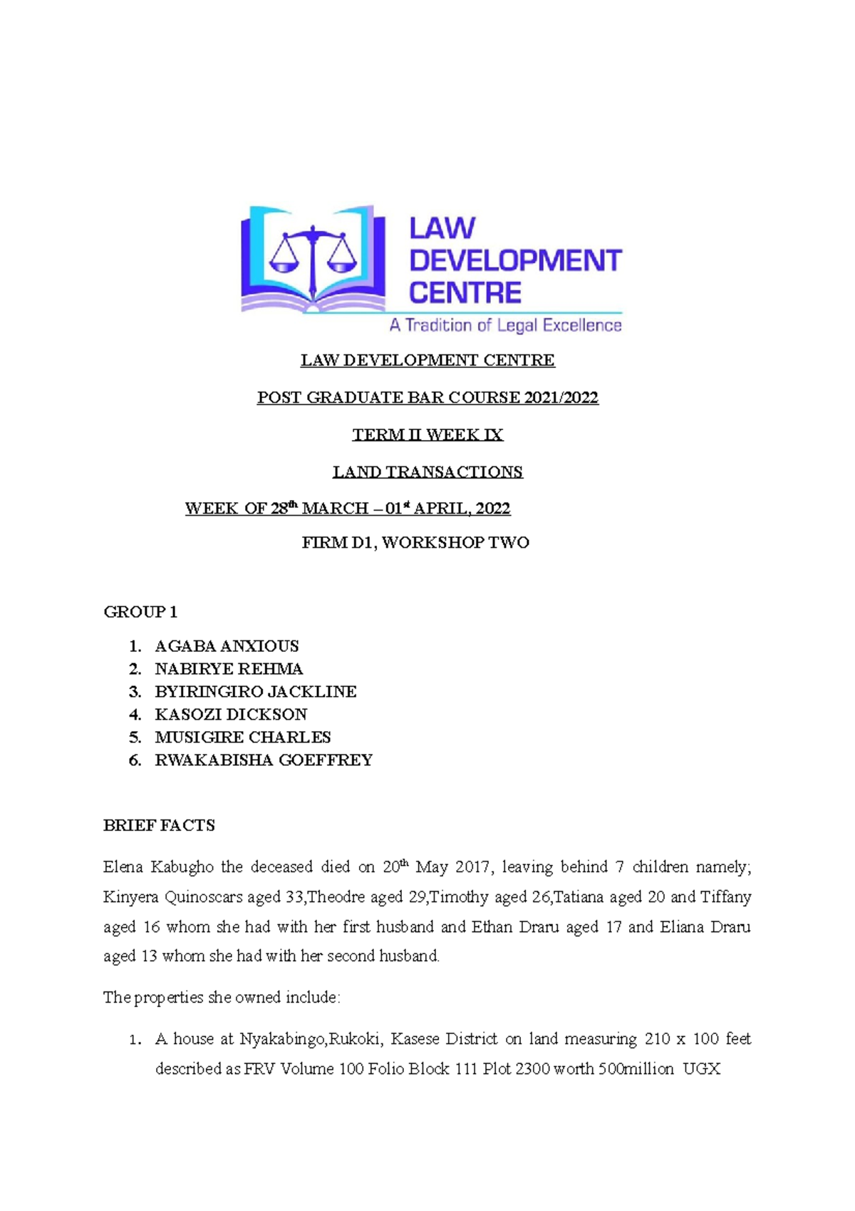Family workshop 1 week 10 D1 - LAW DEVELOPMENT CENTRE POST GRADUATE BAR ...