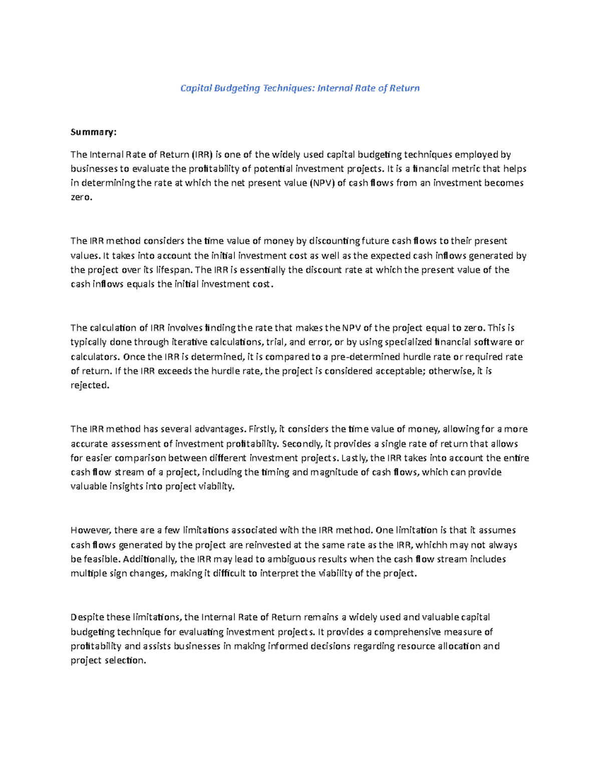 Capital Budgeting Techniques — Internal Rate of Return (Summary ...