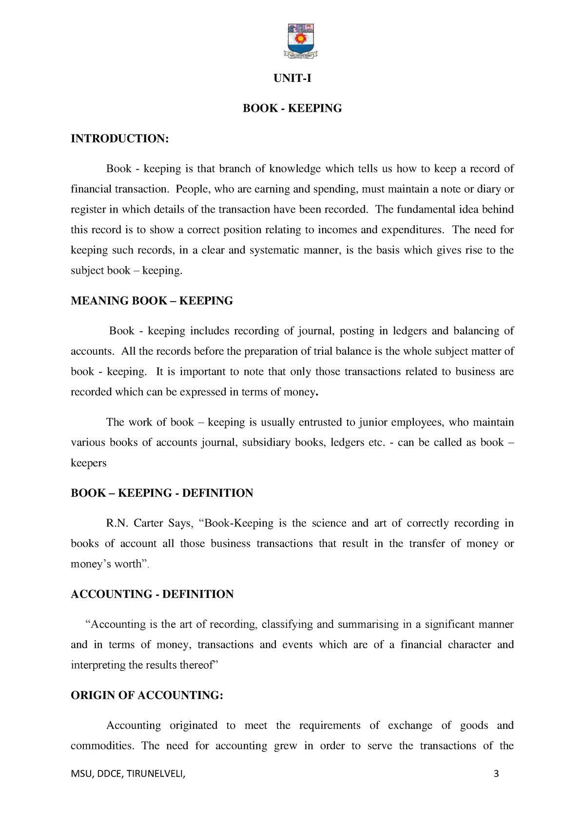 BBA Financial Accounting Unit 1 - UNIT-I BOOK - KEEPING INTRODUCTION ...