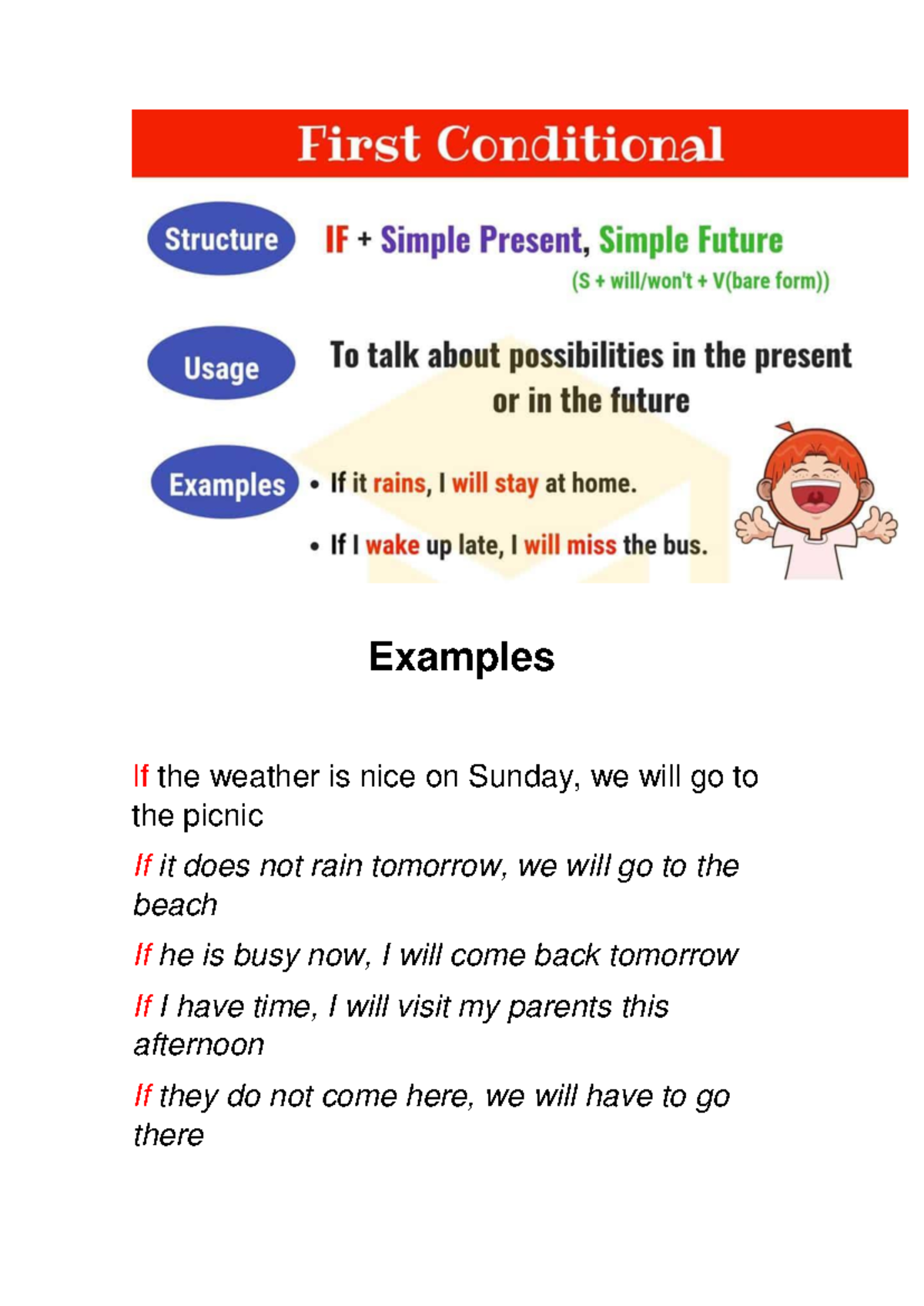Conditional IF Type 1 - Ingles - Examples If the weather is nice on ...